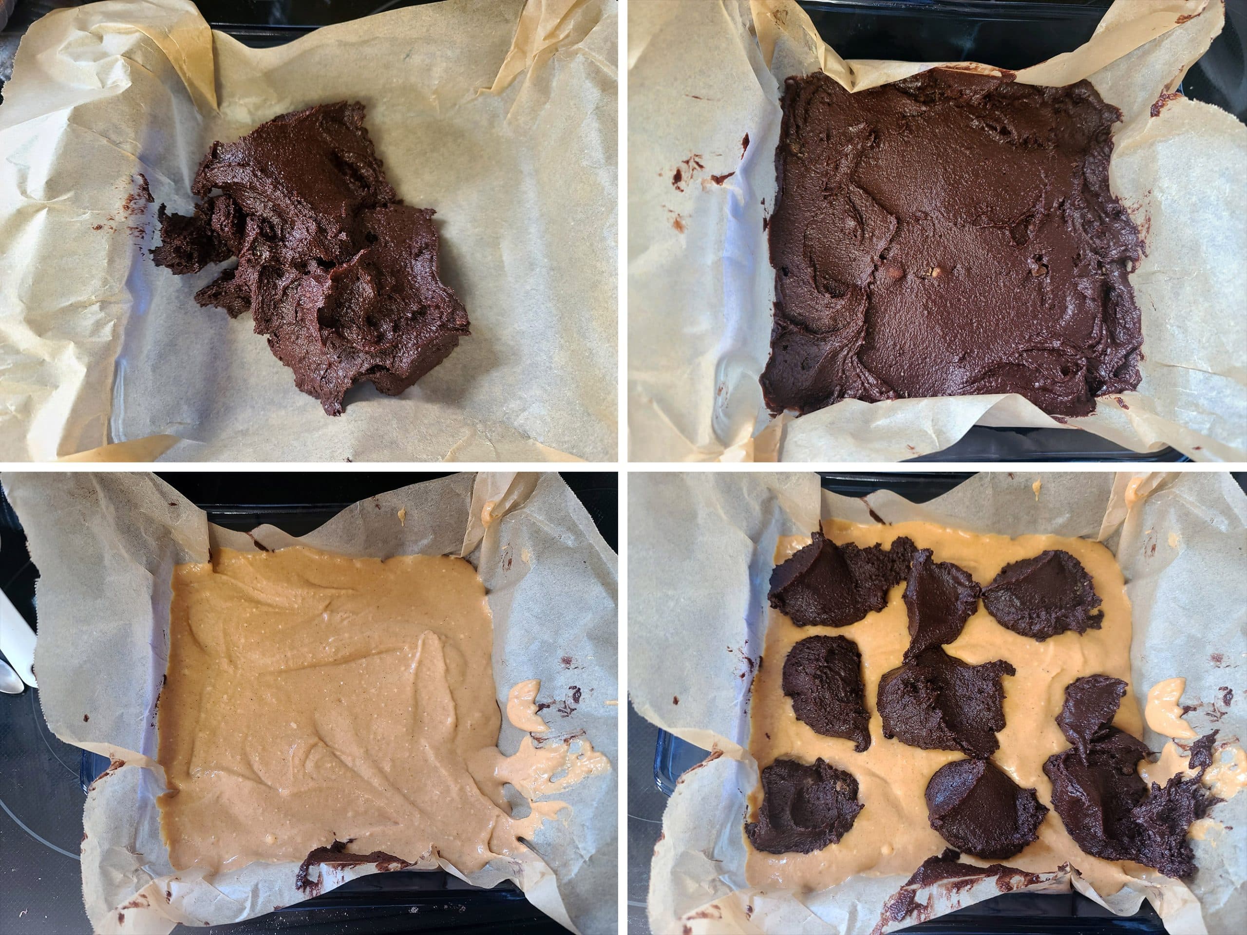 4 part image showing keto brownie batter being spread in a pan, topped with cheesecake mixture, and drops of remaining brownie batter being added on top.