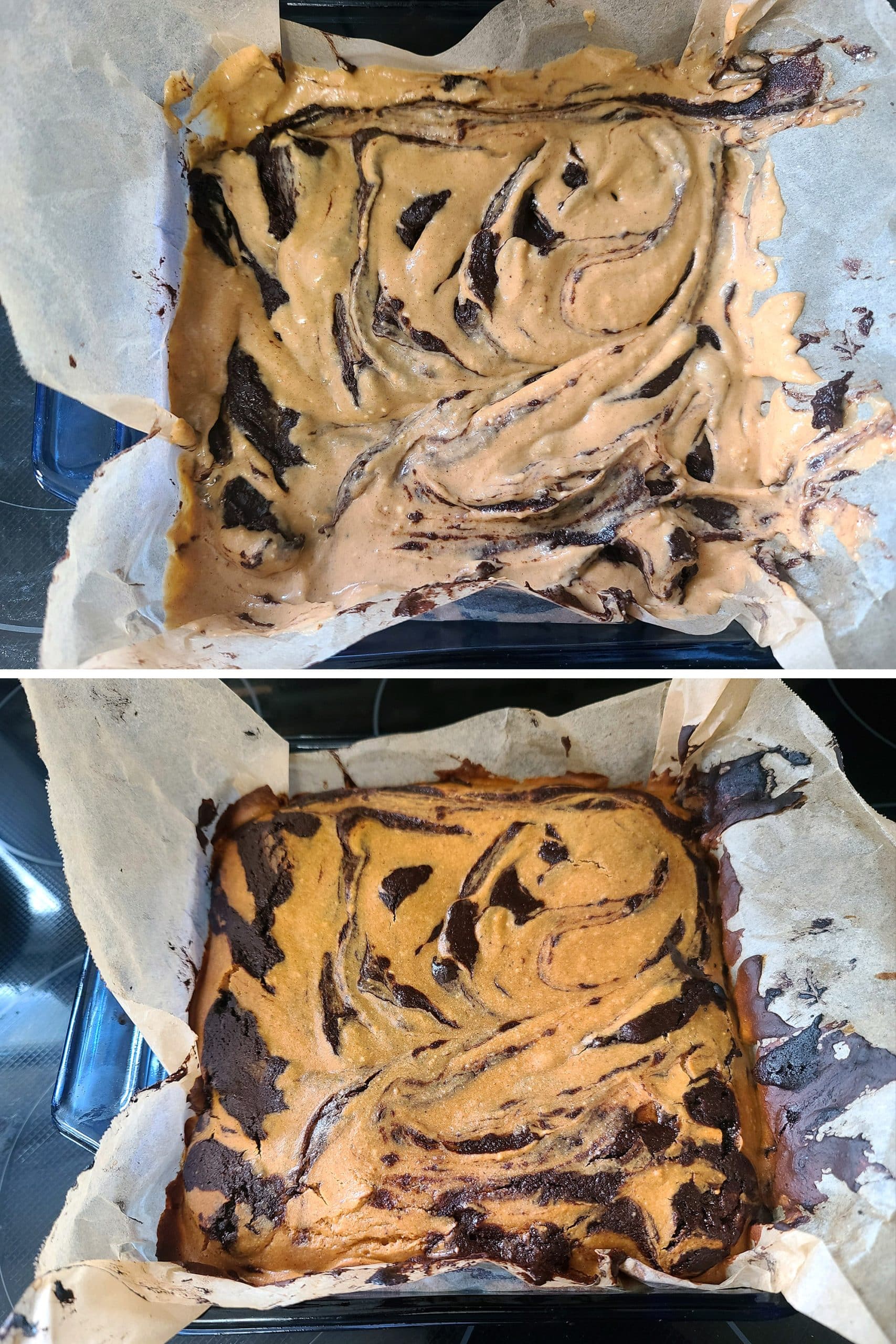 2 part image showing the swirled keto pumpkin cheesecake brownies before and after baking.