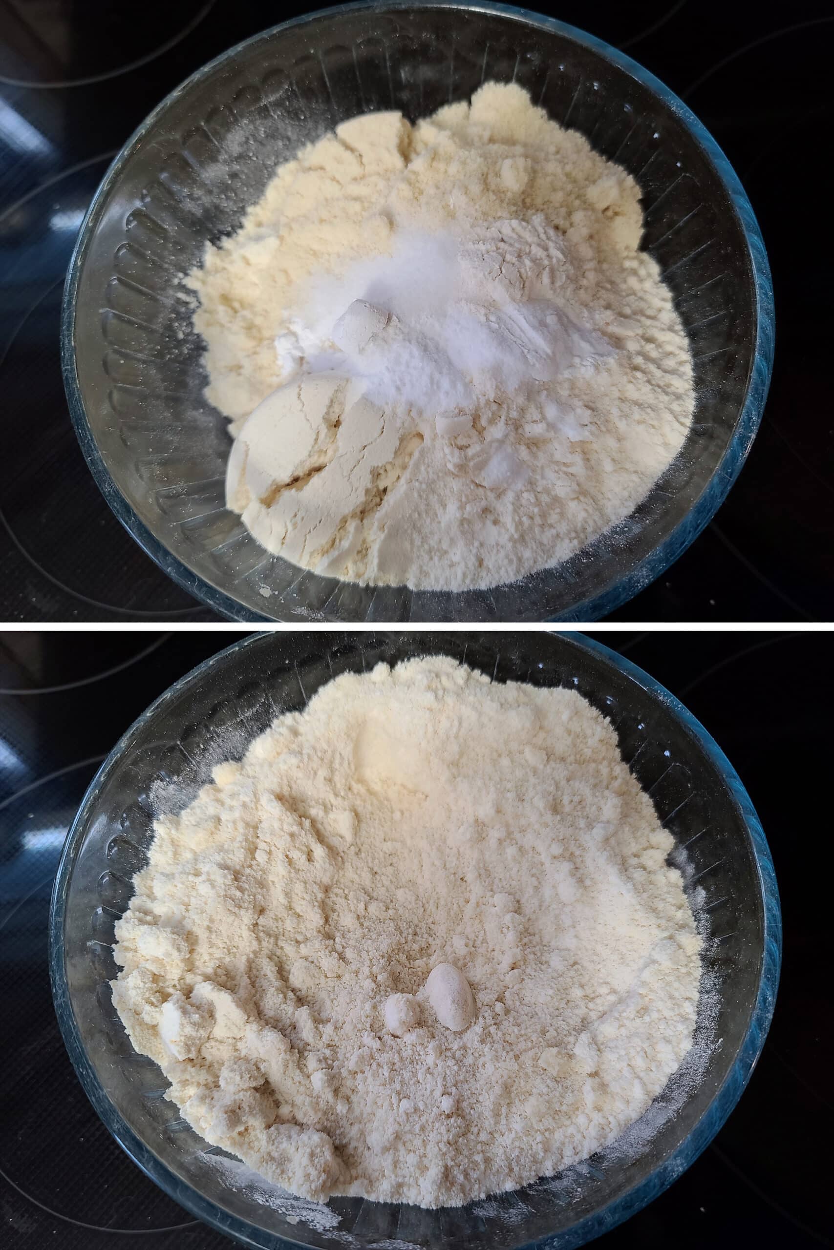 2 part image showing the dry ingredients being mixed together.