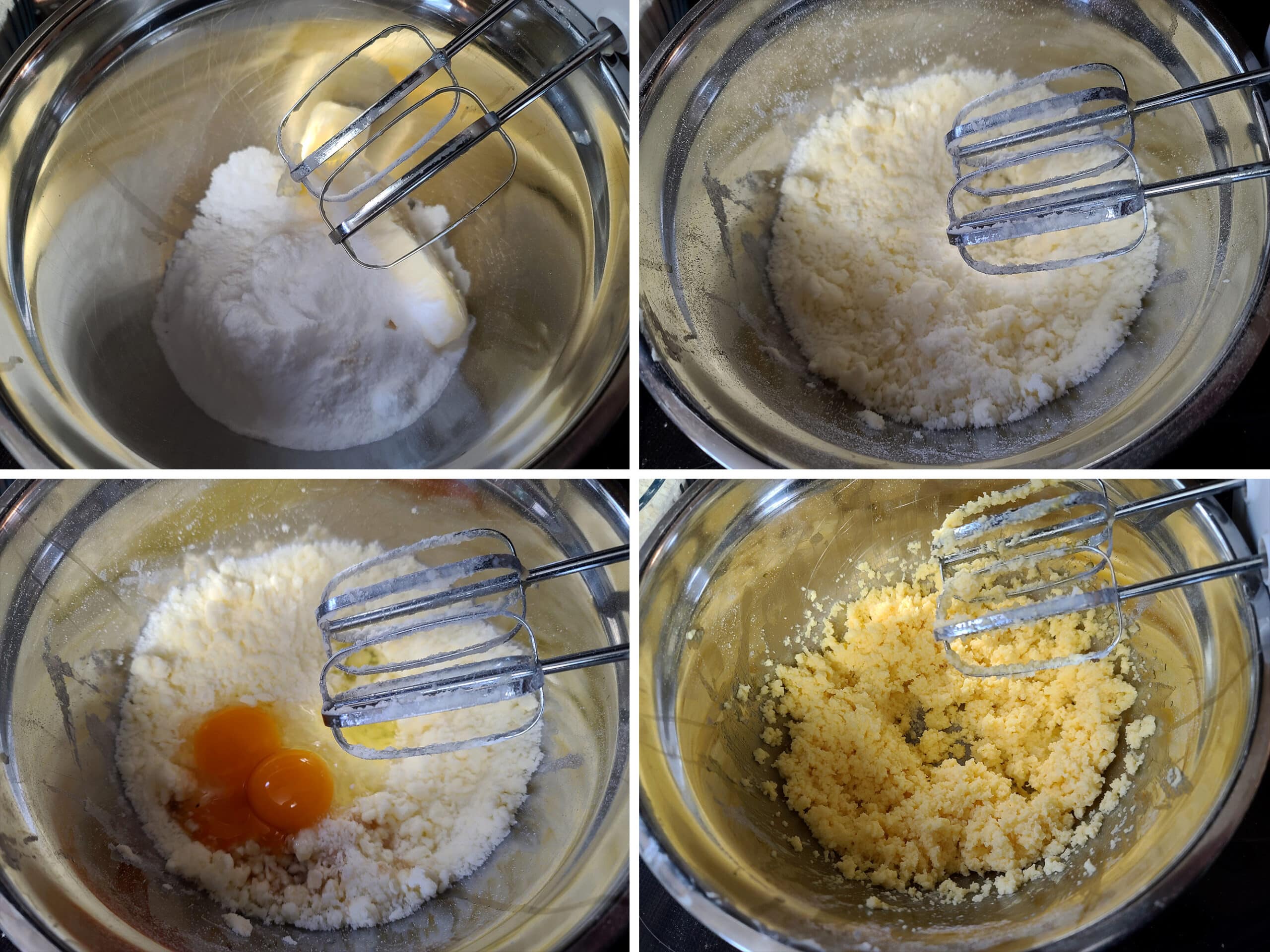 4 part image showing the butter and sugar substitute being creamed, then the eggs and vanilla added.