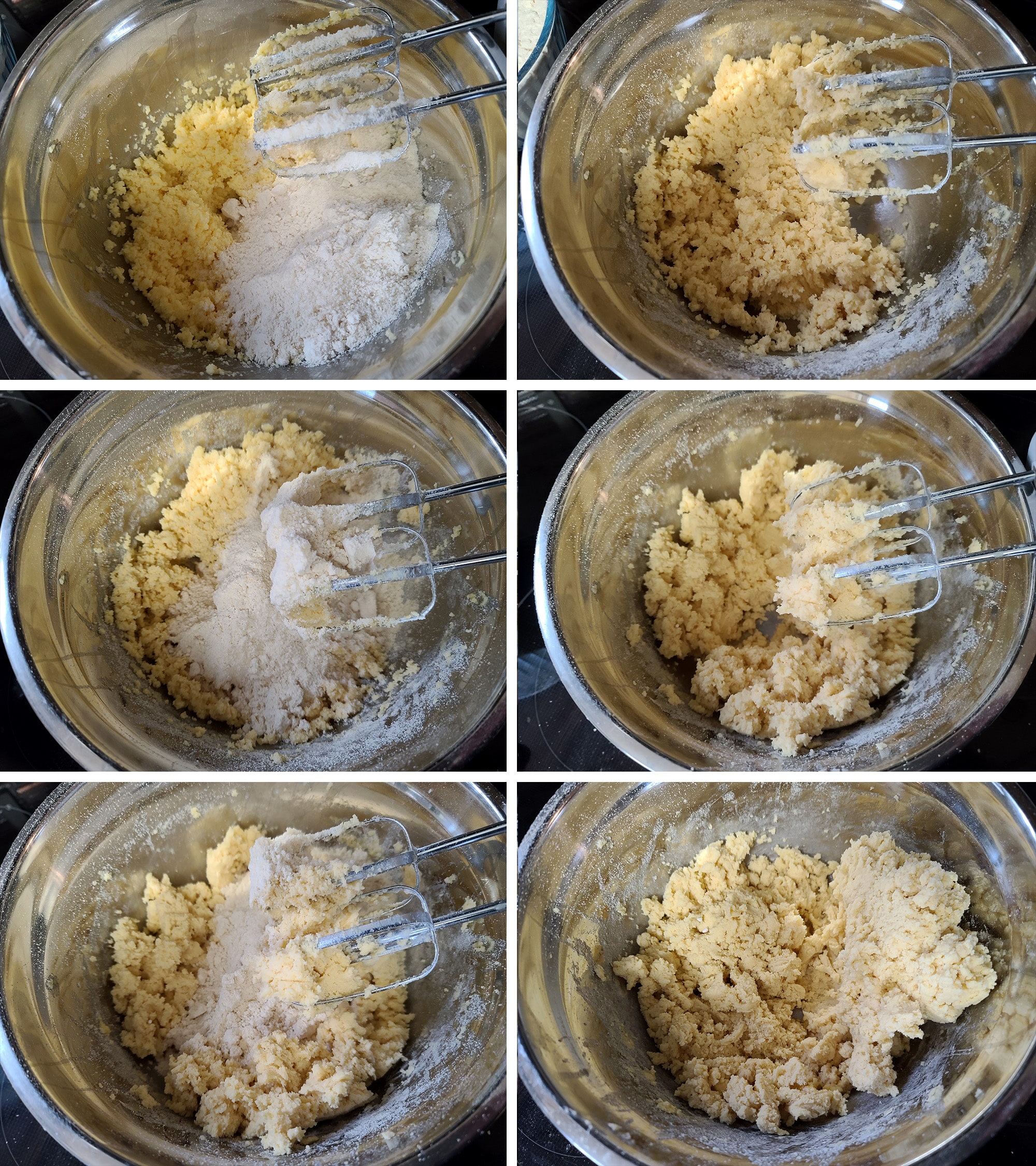 6 part image showing the dry ingredients being added to the wet ingredients a bit at a time.