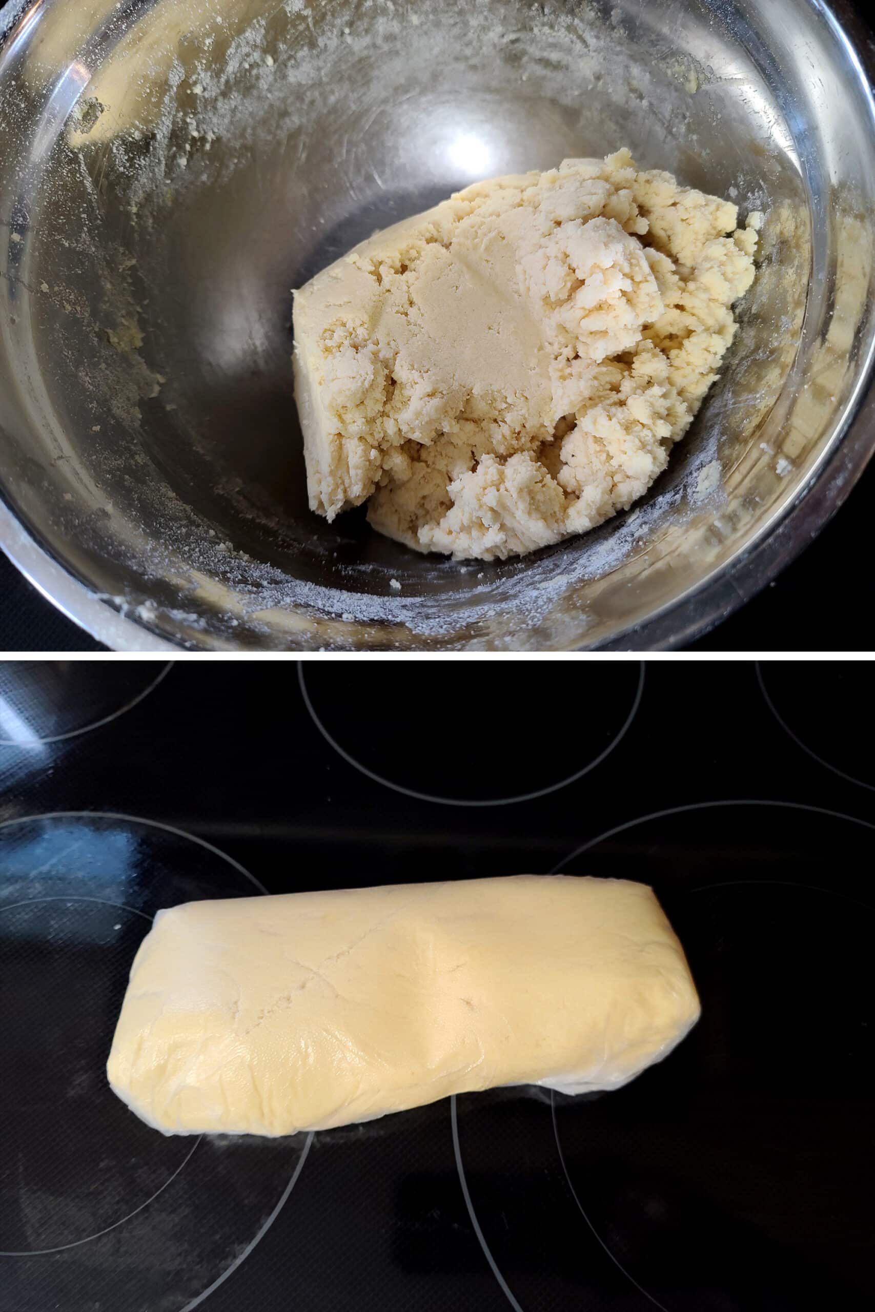 2 part image showing the keto snickerdoodle dough being wrapped in plastic wrap.