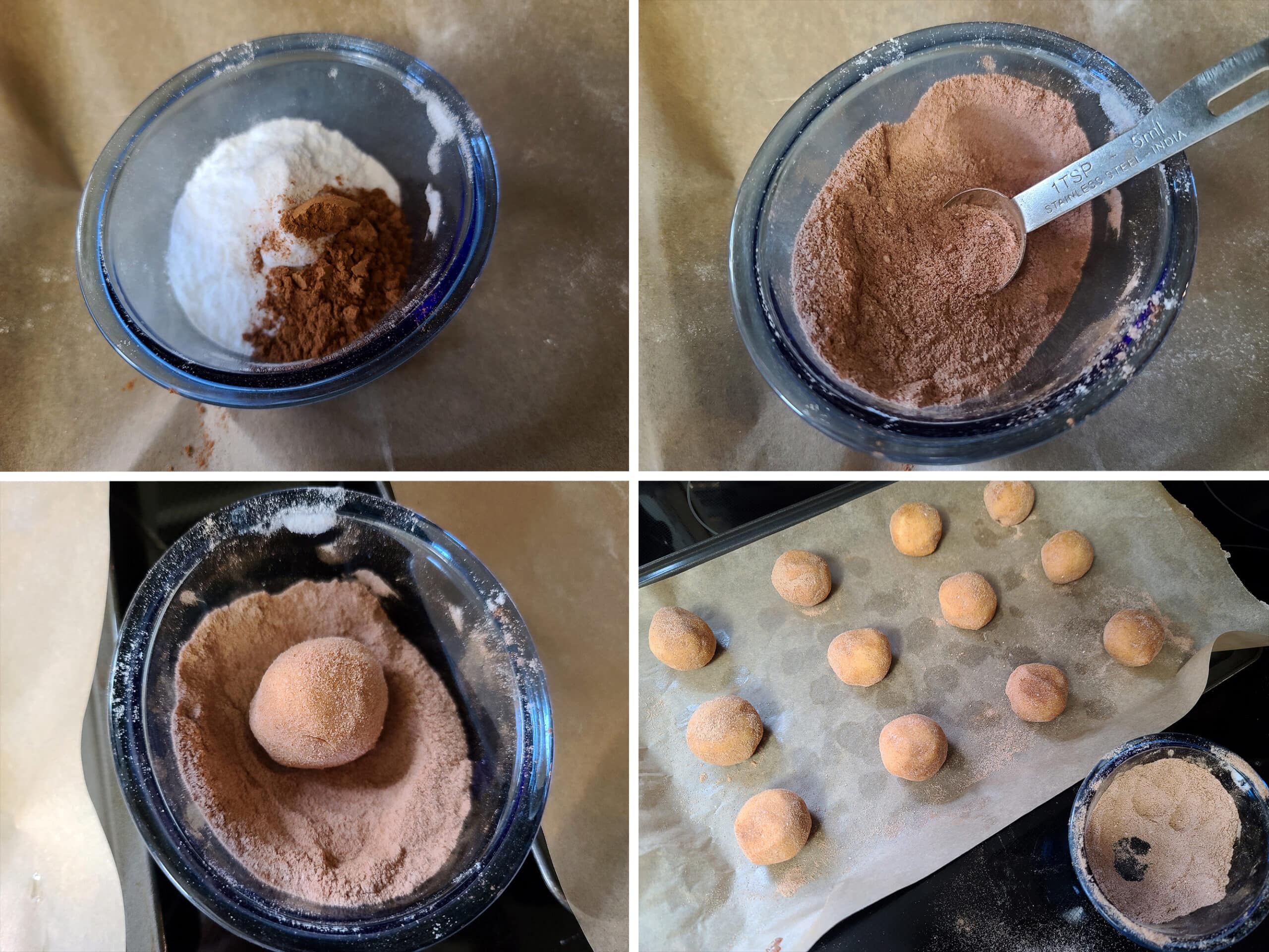 4 part image showing sweetener being mixed with cinnamon, and balls of dough being rolled in it.