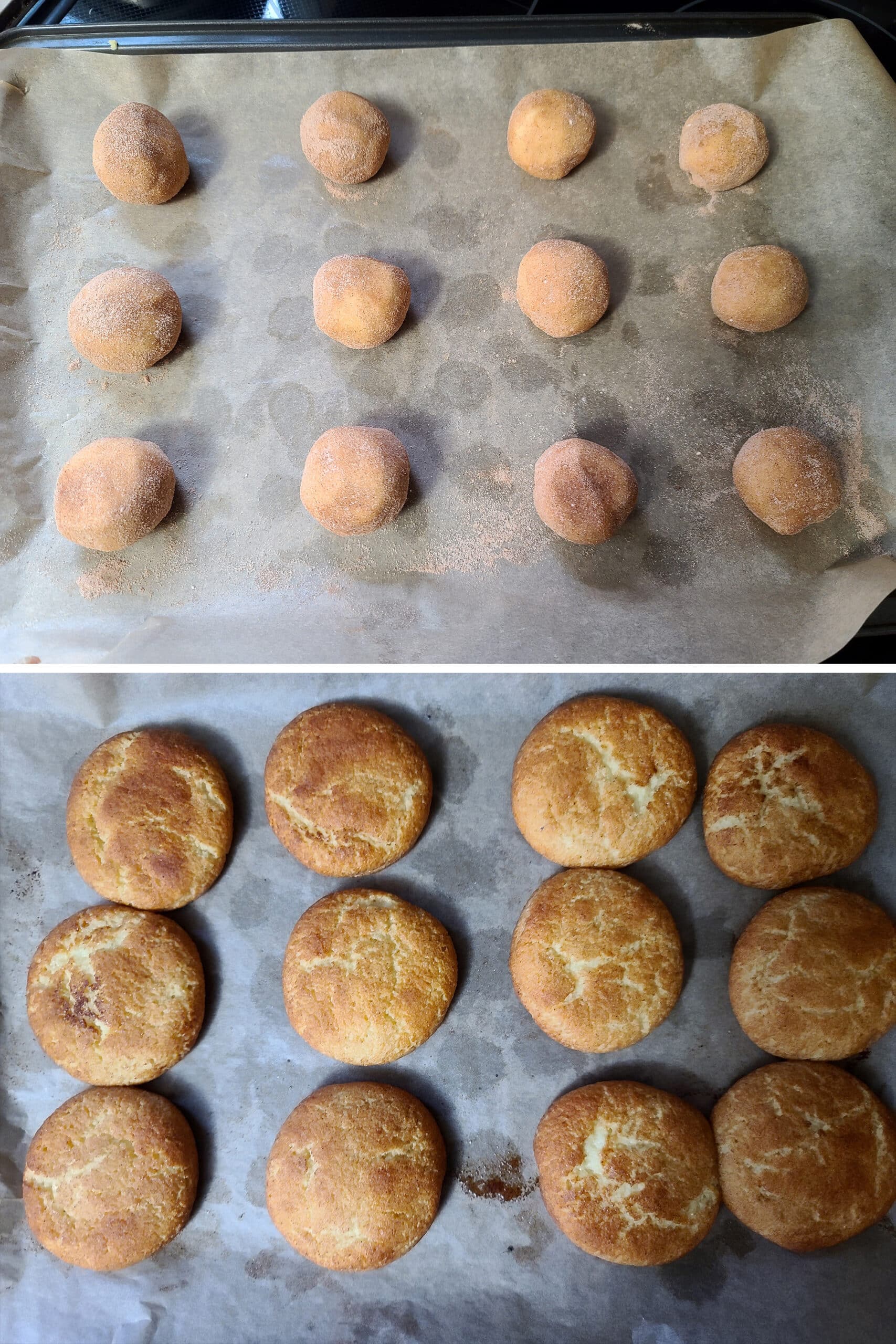 2 part image showing a pan of keto snickerdoodles, before and after baking.