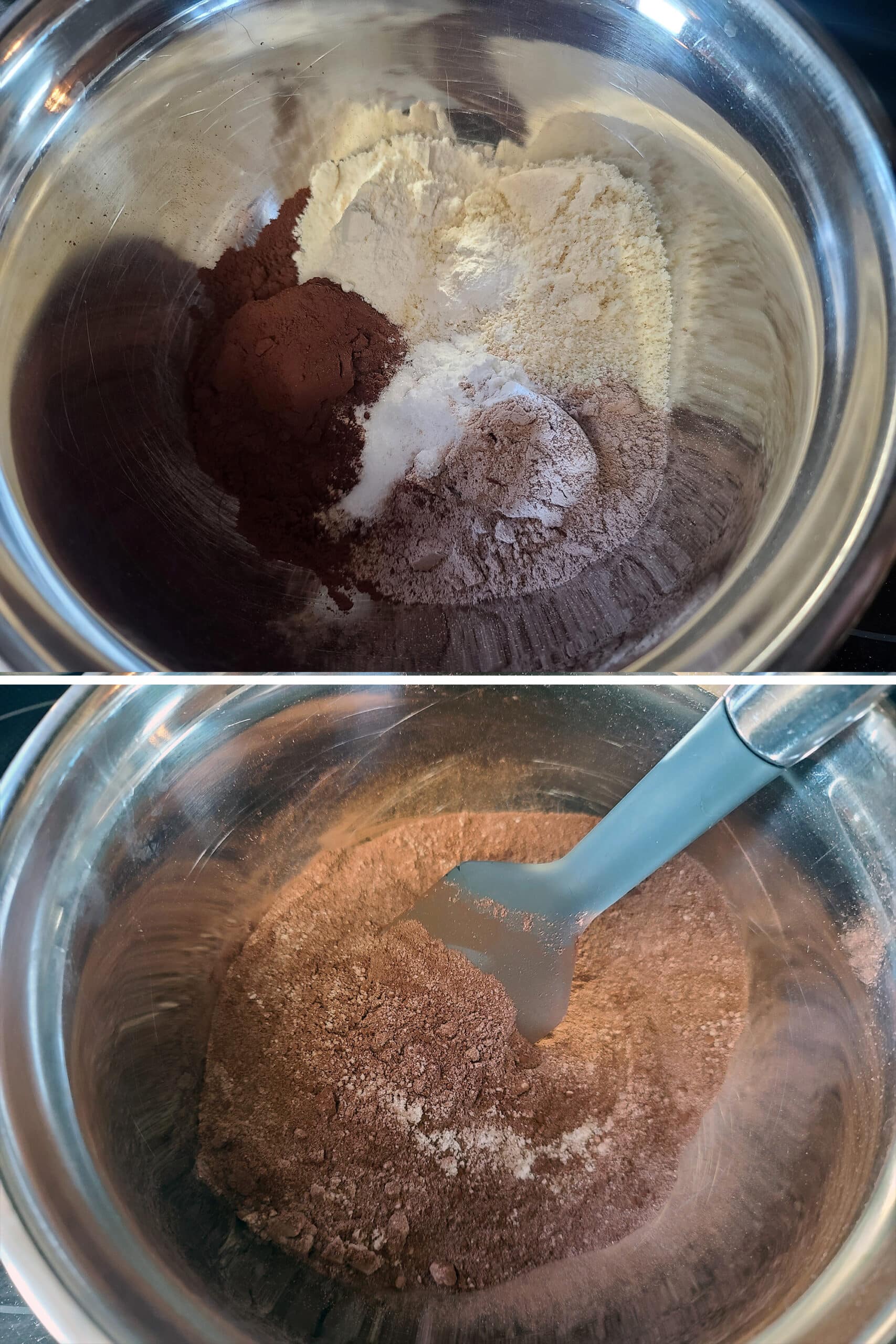 2 part image showing the dry ingredients being mixed together.