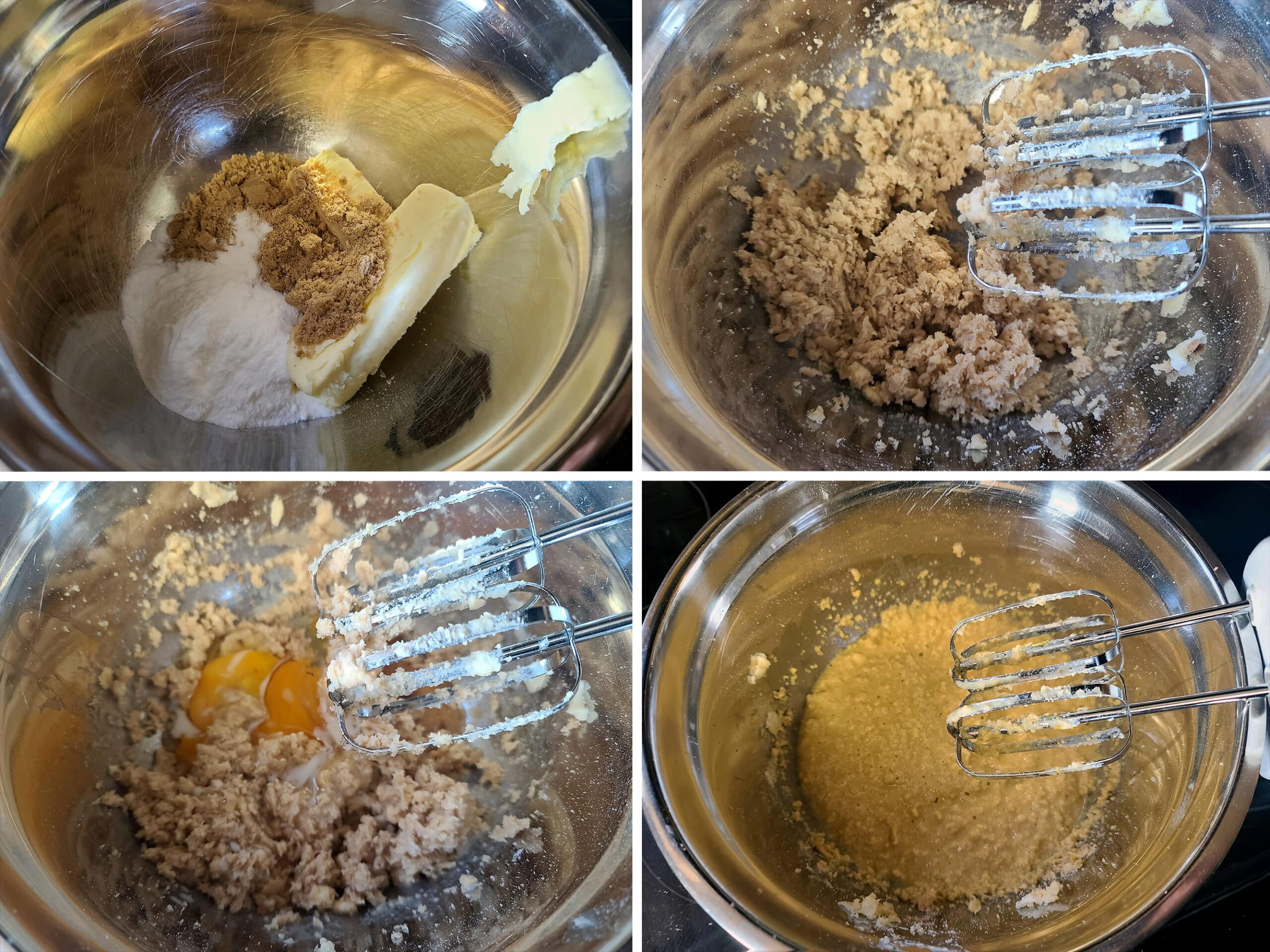 4 part image showing the butter and sugar substitutes being creamed, then the eggs and vanilla mixed in.