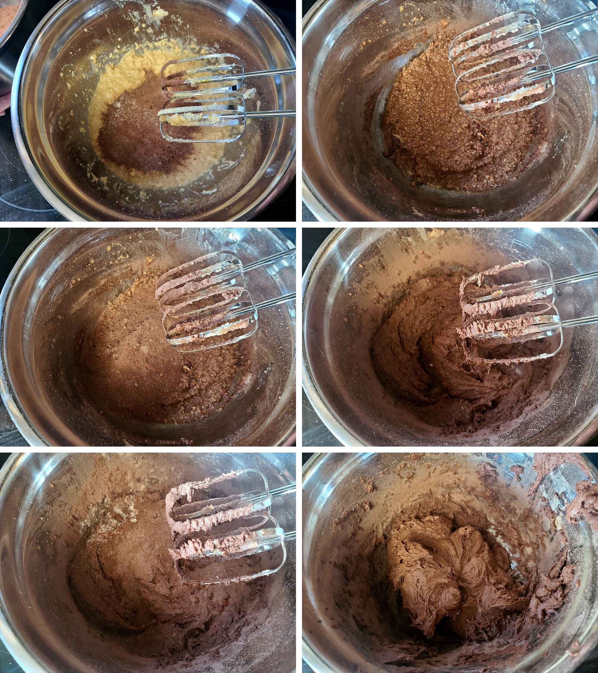 6 part image showing the dry ingredients being mixed into the wet ingredients in stages.