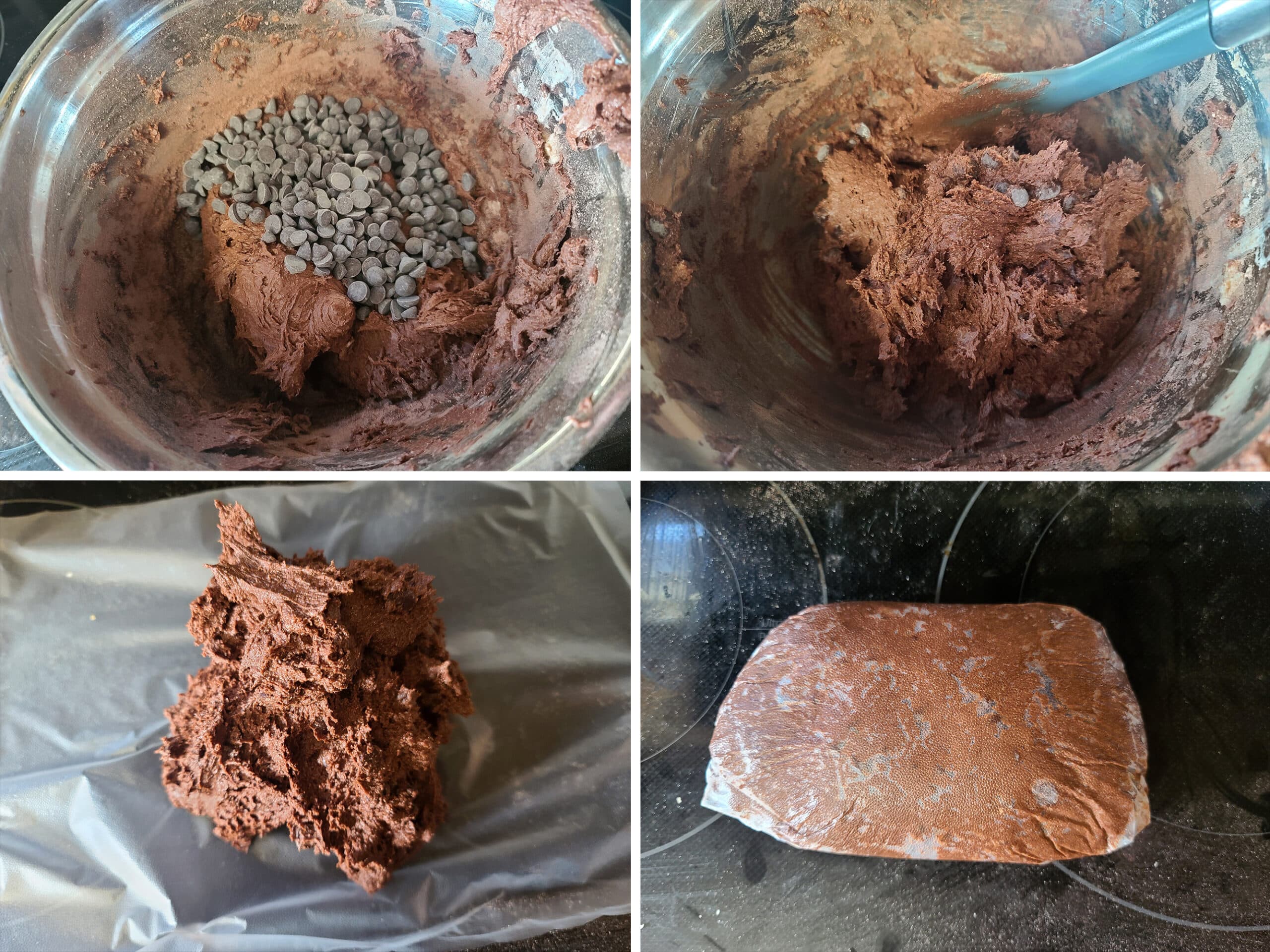 4 part image showing sugar free chocolate chips being mixed in, then the cookie dough being wrapped in plastic wrap.