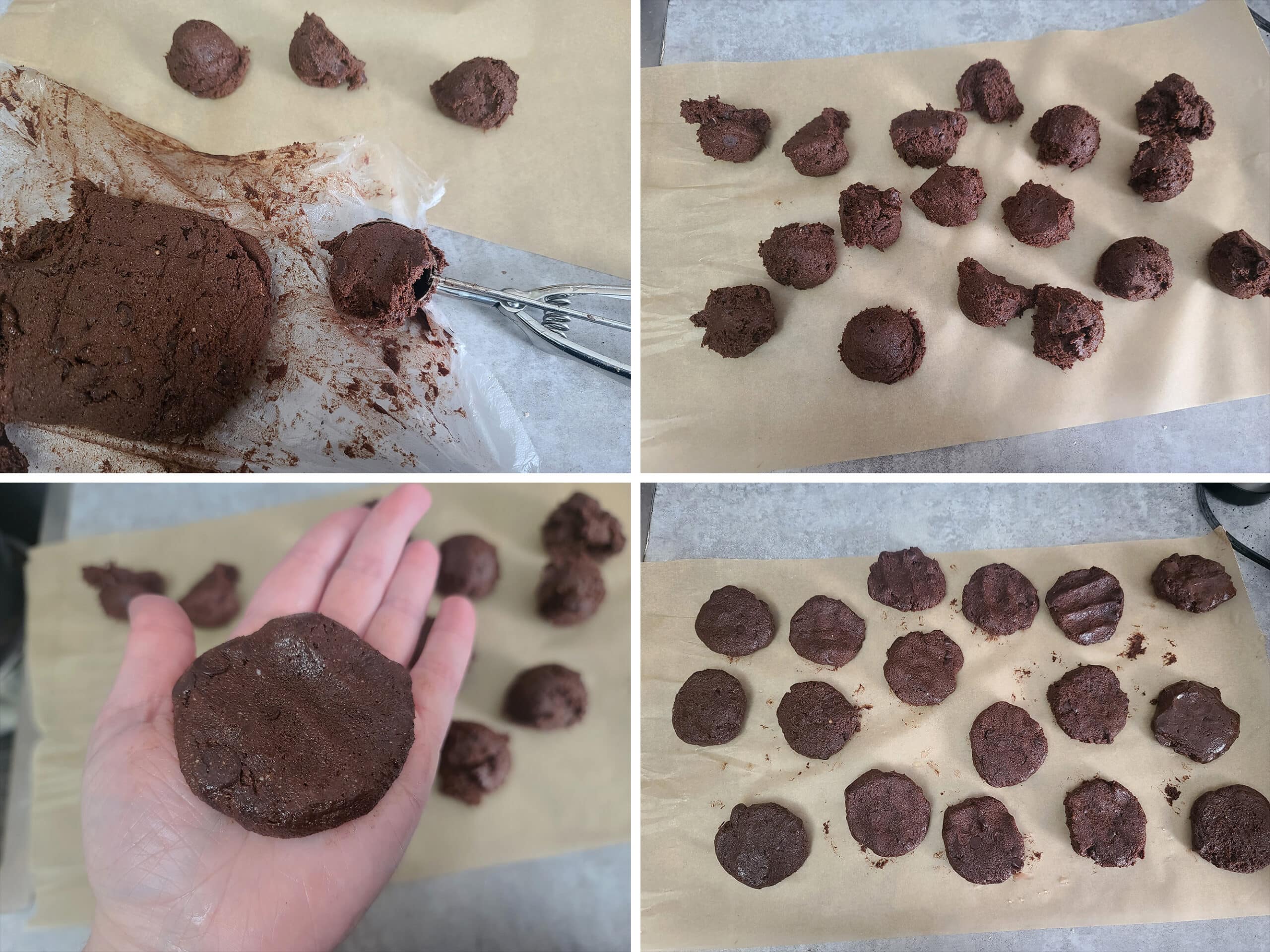 4 part image showing the keto cookie dough being rolled into balls, flattened, and laid out on a baking sheet.