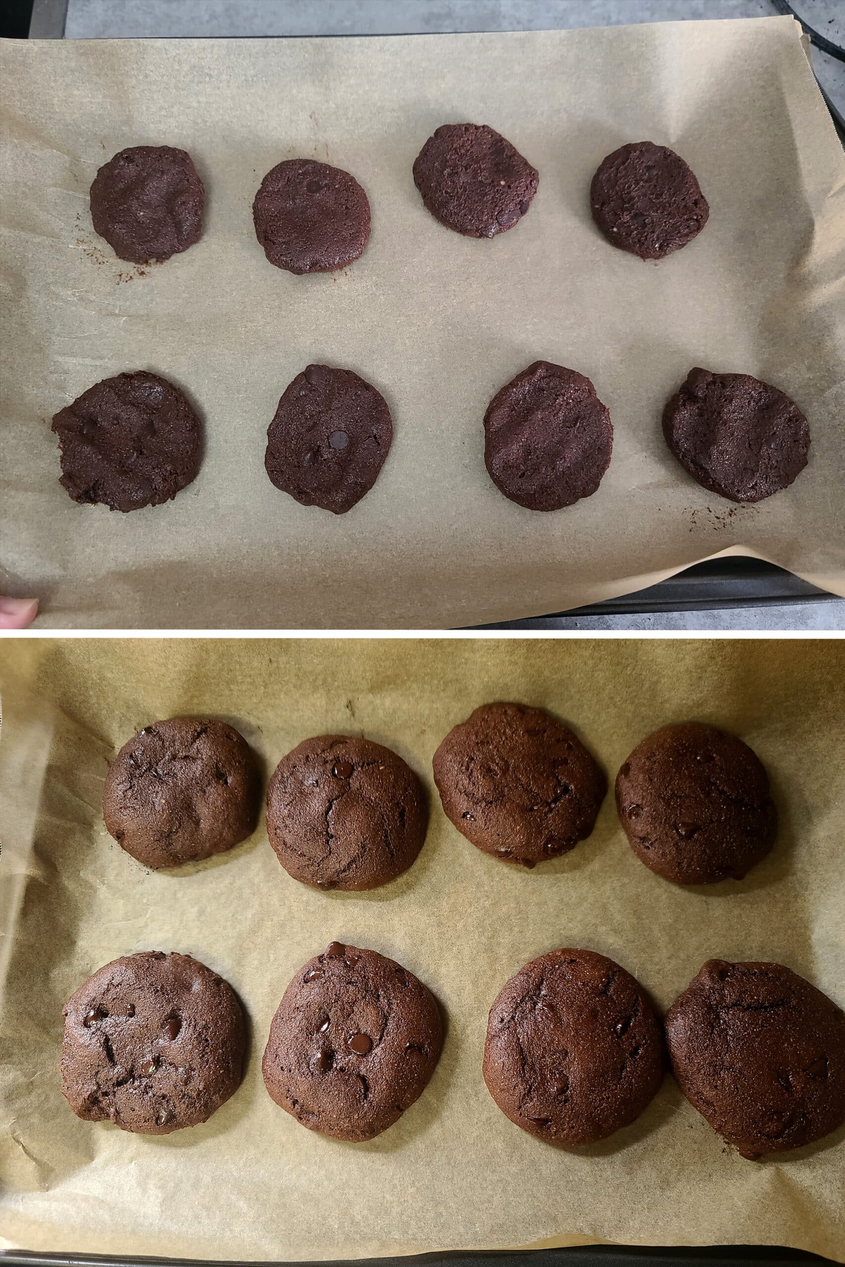 2 part image showing a pan of keto triple chocolate cookies, before and after baking.