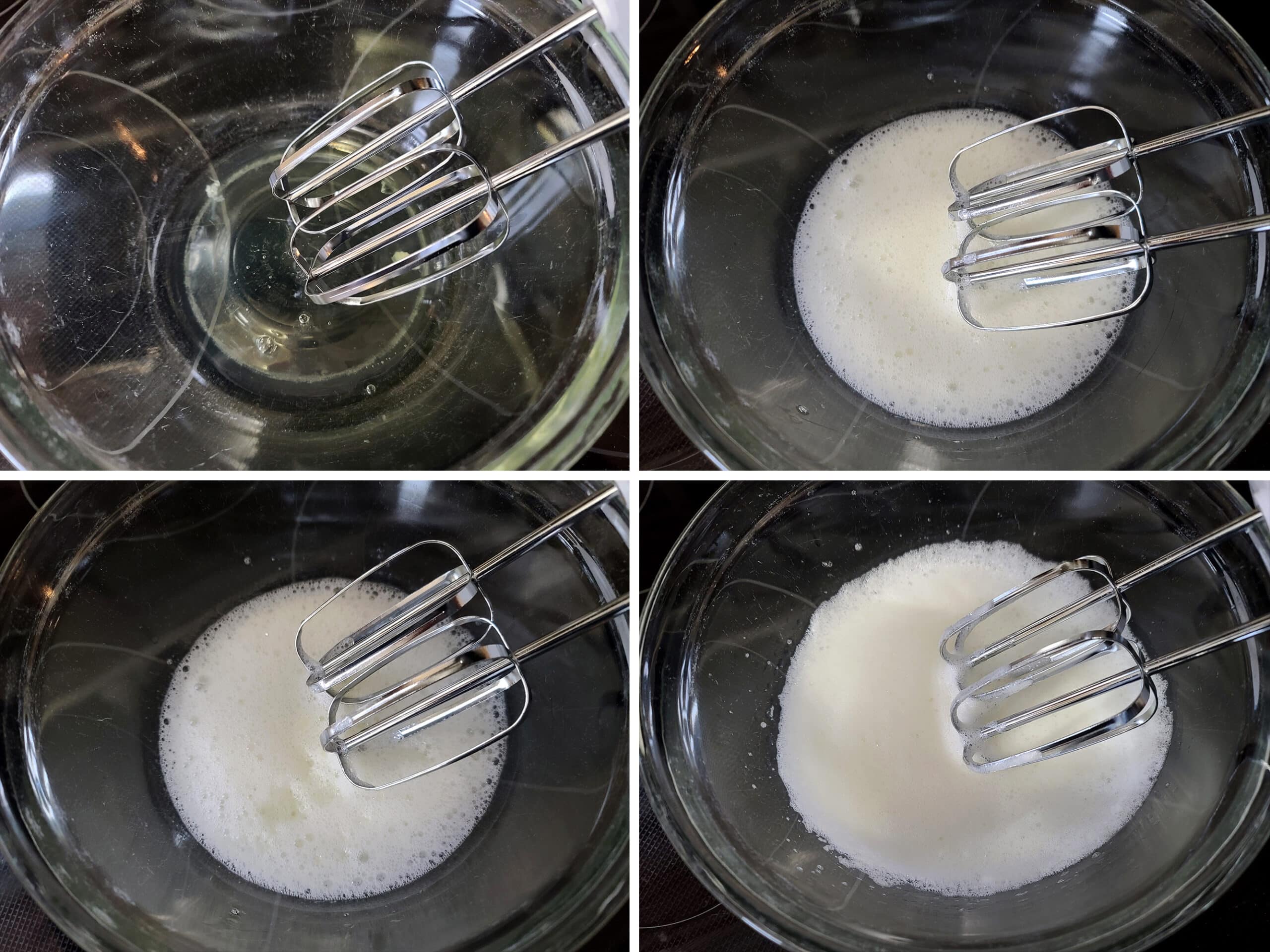 4 part image showing the egg whites being whipped, lemon juice being added, and the mixture whipped together.