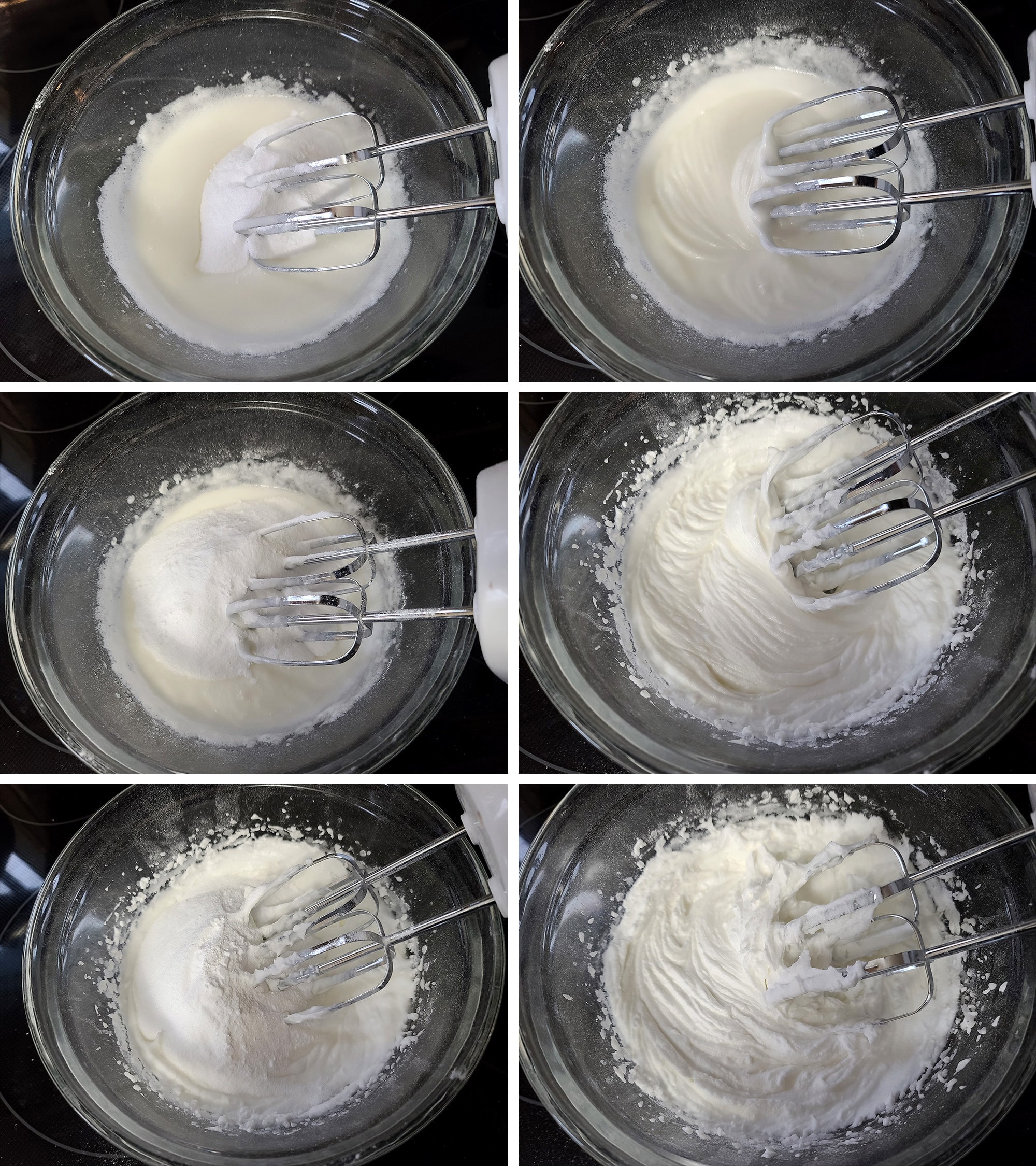 6 part image showing powdered allulose being added to the egg white mixture in rounds, beaten smooth between each addition.