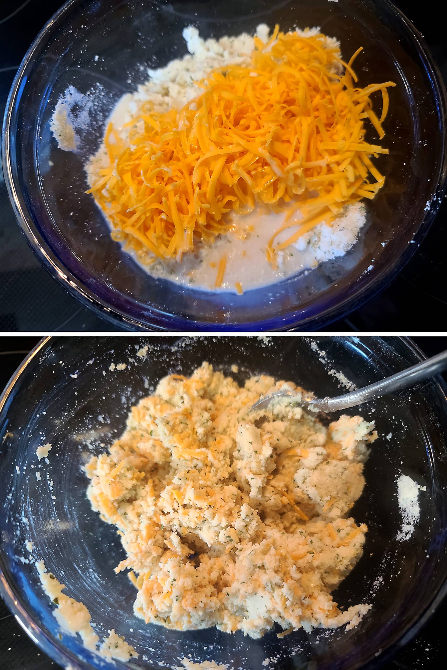 2 part image showing the cheddar and milk being added, and a thick keto biscuit dough forming.