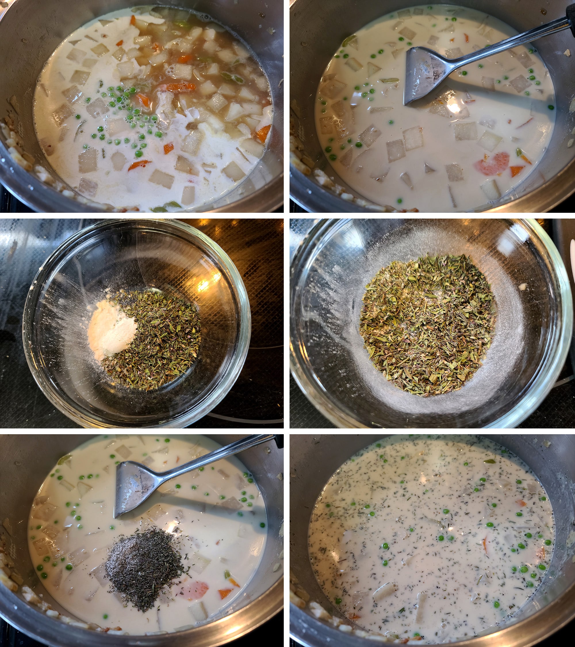 6 part image showing the heavy cream, peas, and herbs being added to the pot of soup.