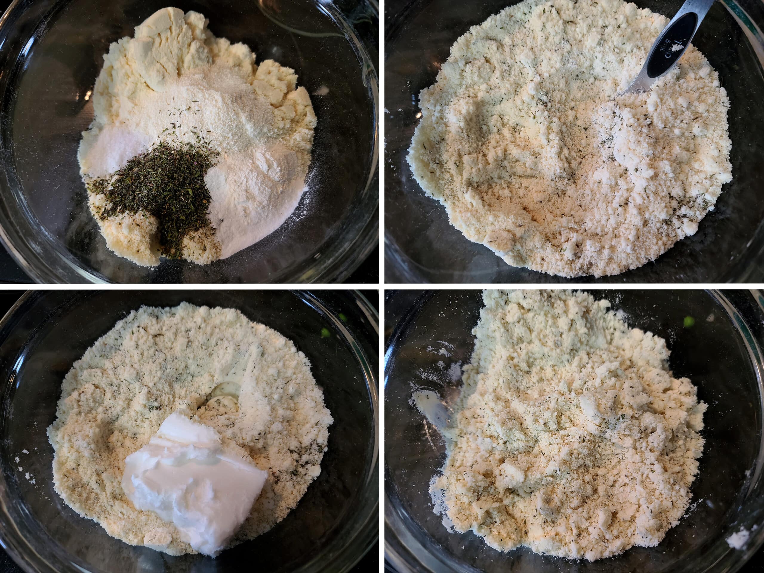 4 part image showing the dry ingredients for the keto soup dumplings being mixed, and the lard cut in.