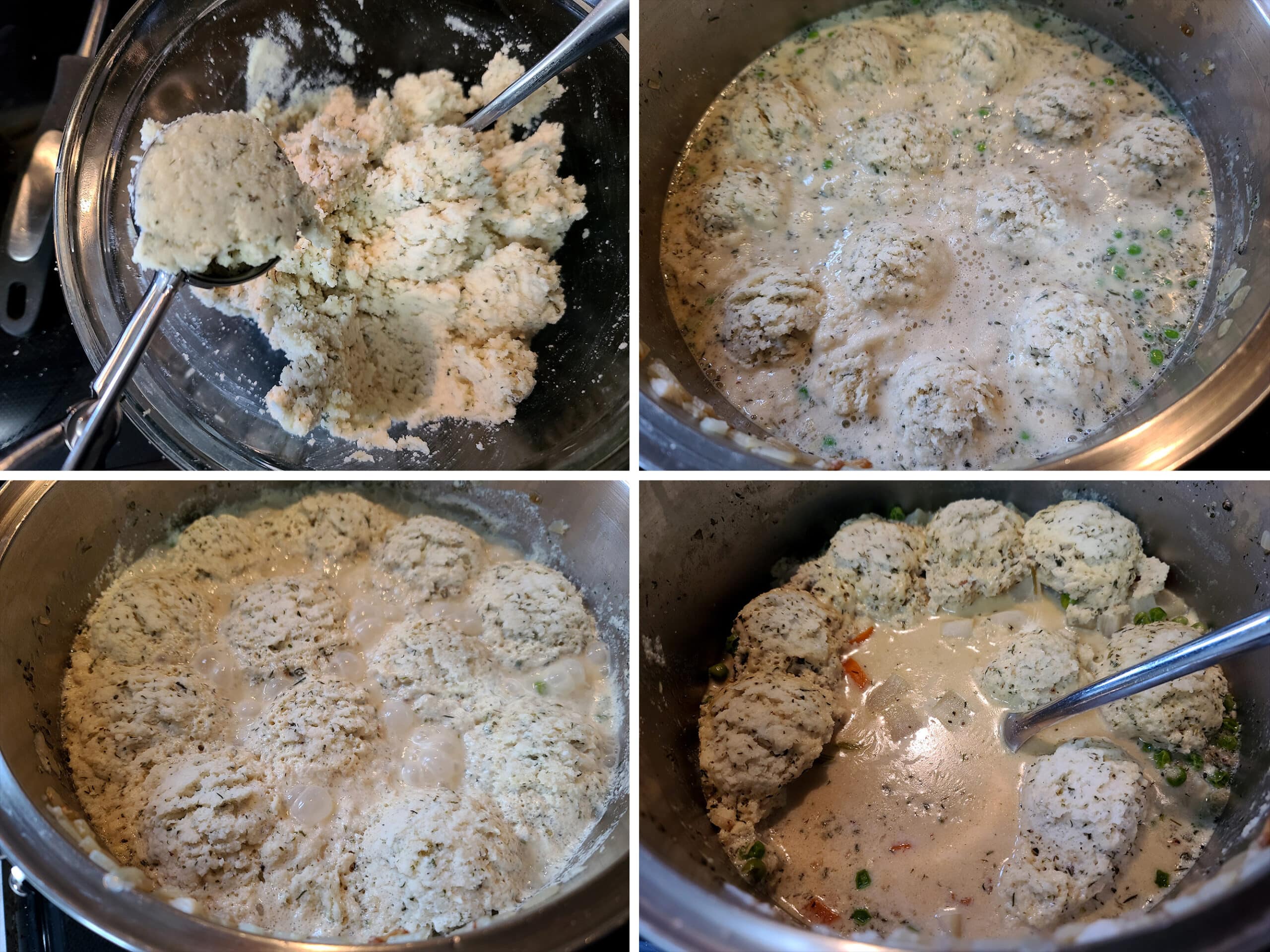 4 part image showing the dumpling dough being added to the pot with an ice cream scoop, and the finished dumplings simmering in the soup after cooking.