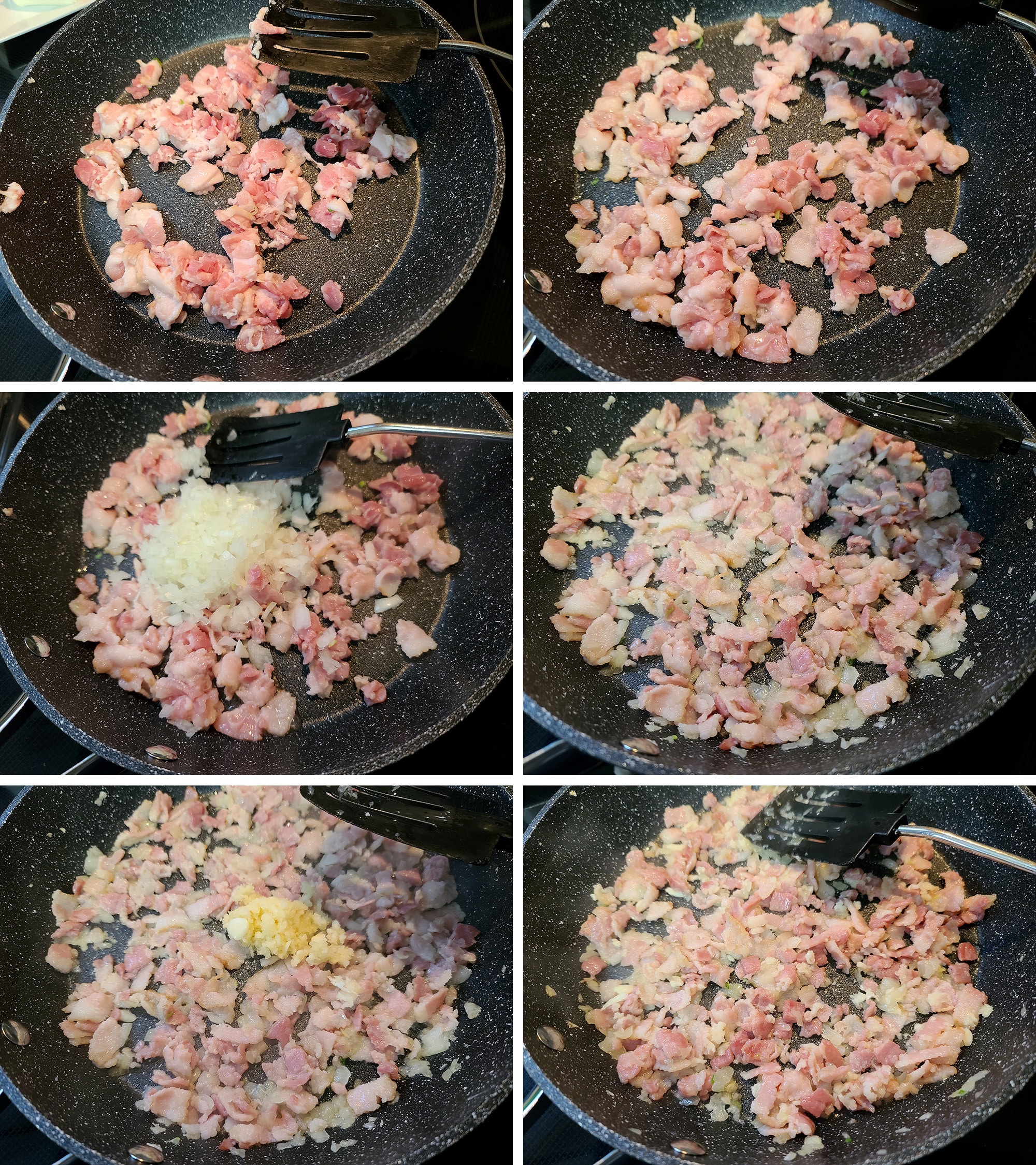 6 part image showing bacon, onions, and garlic being cooked in a nonstick fry pan.