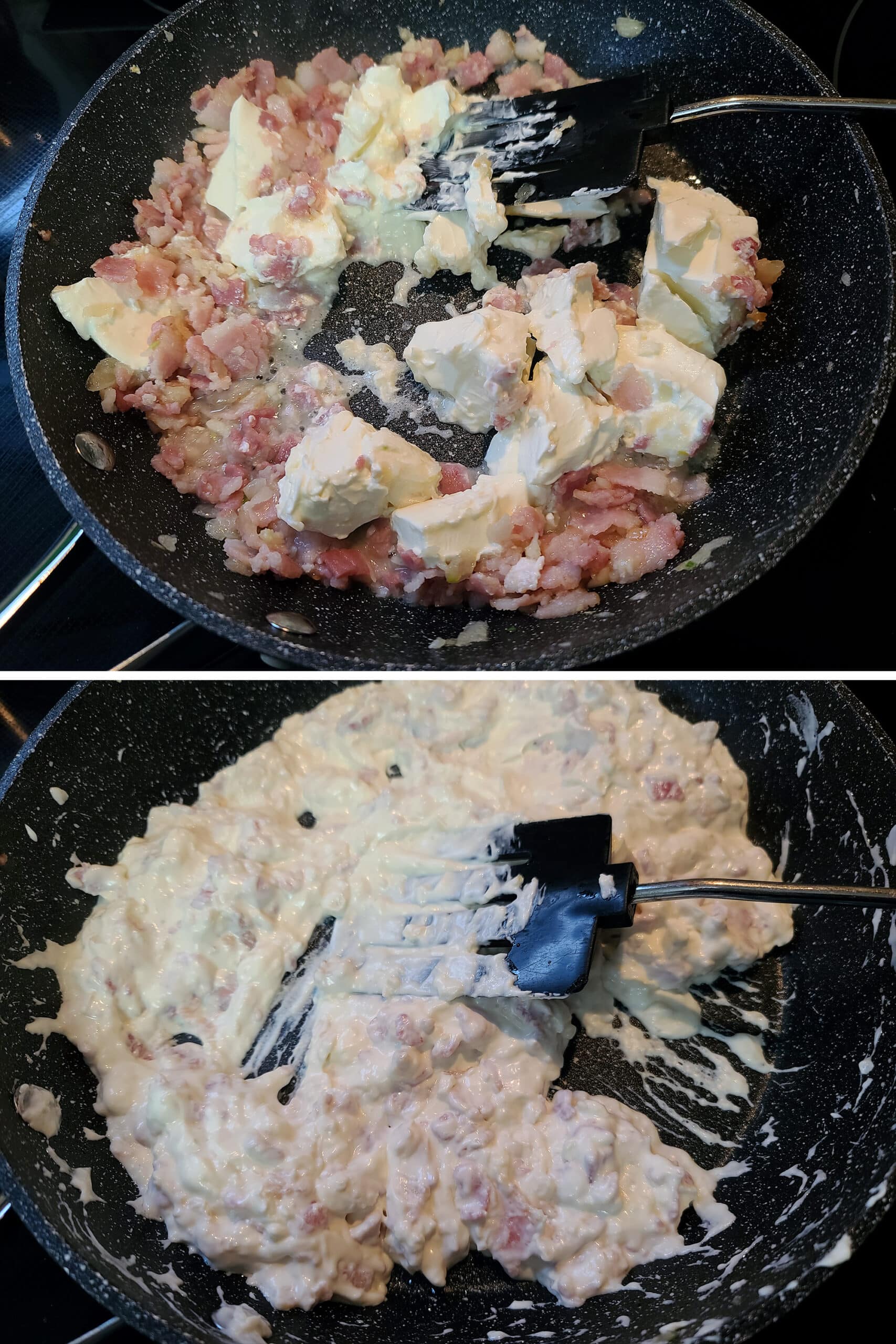 2 part image showing cream cheese and white wine to the pan of bacon, being mixed til smooth.
