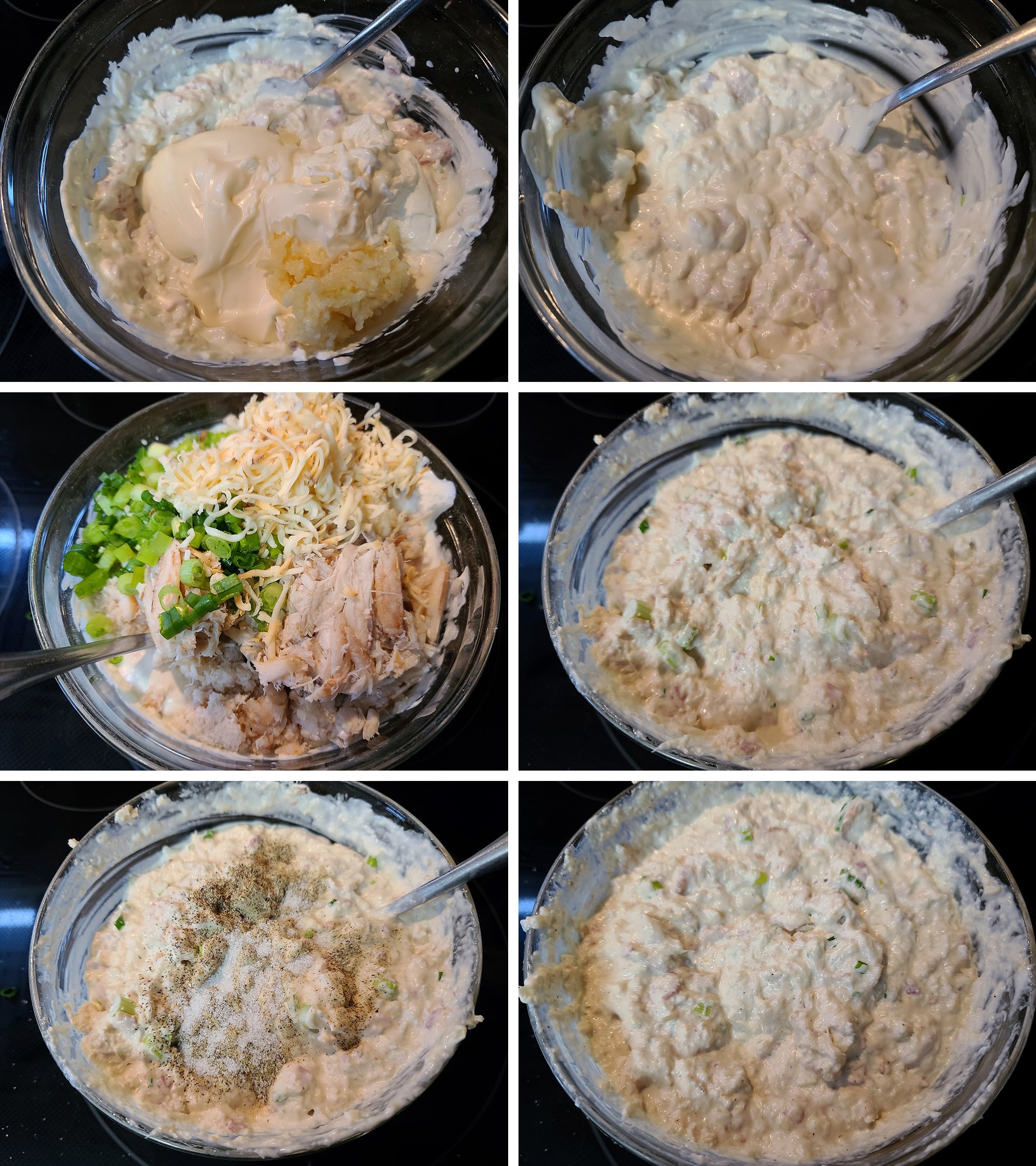 6 part image showing mayonnaise, sour cream, crab, green onions, garlic, and gouda being mixed with the bacon mixture in a bowl, then being seasoned with salt and pepper.