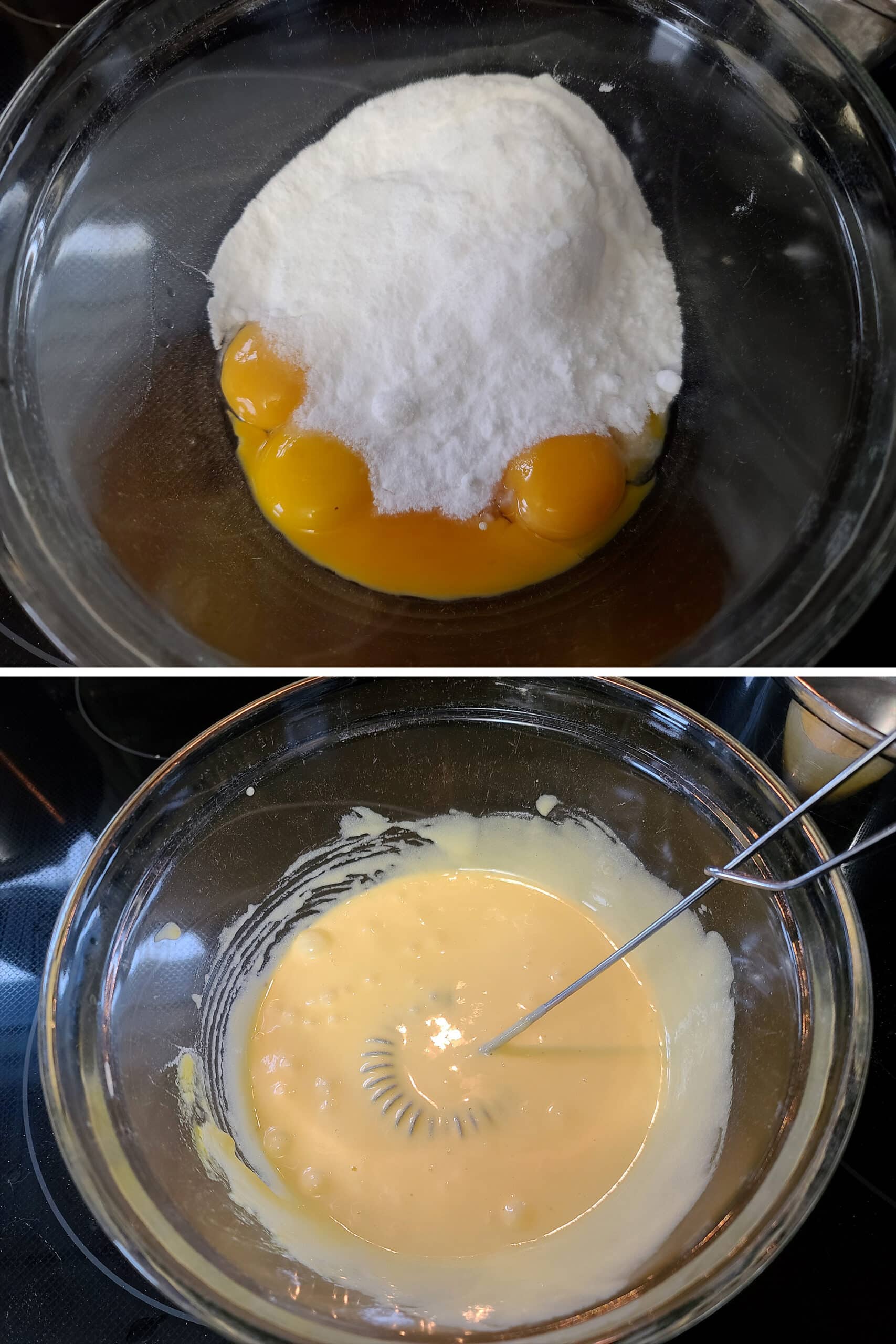 2 part image showing eggs and sweetener being whisked together.