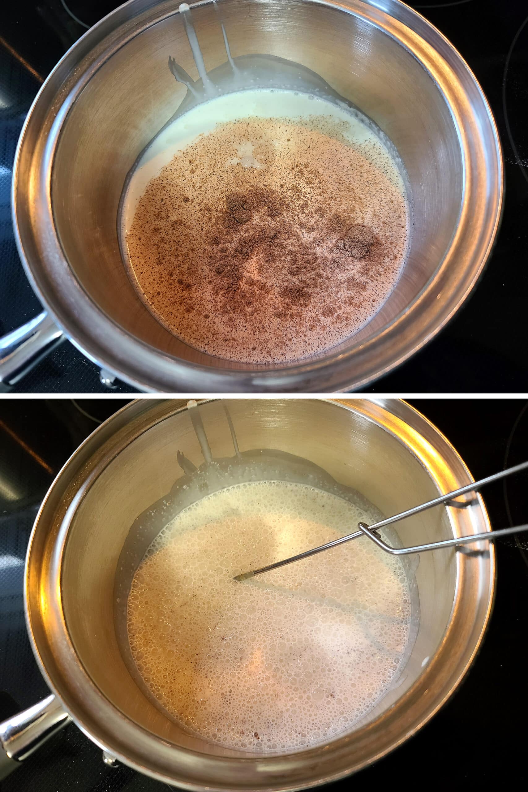 Nutmeg, heavy cream and salt being mixed in a small pot.