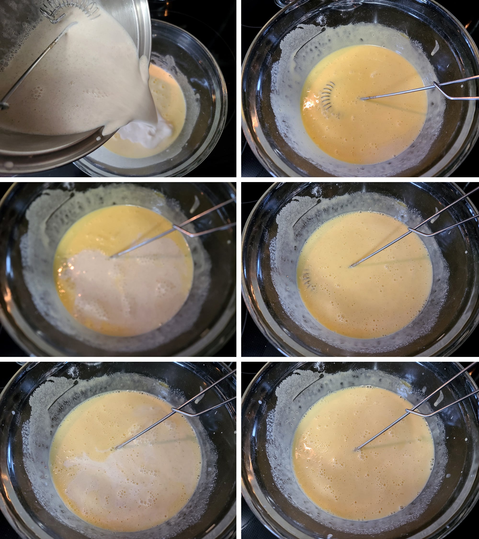 6 part image showing the hot cream mixture being added to the egg mixture a little at a time.