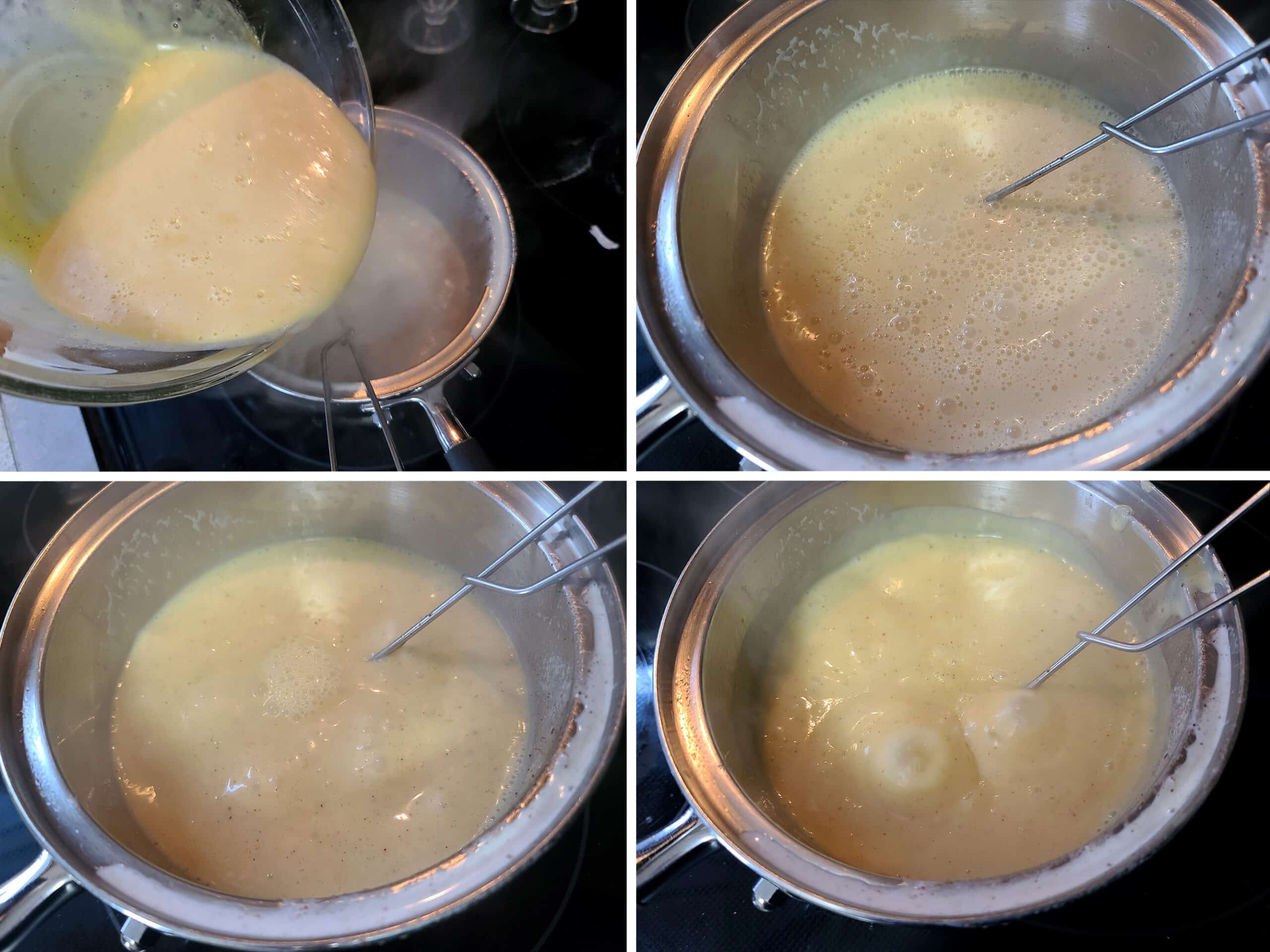 4 part image showing the eggnog pudding mixture being returned to the pot and simmered til thick.