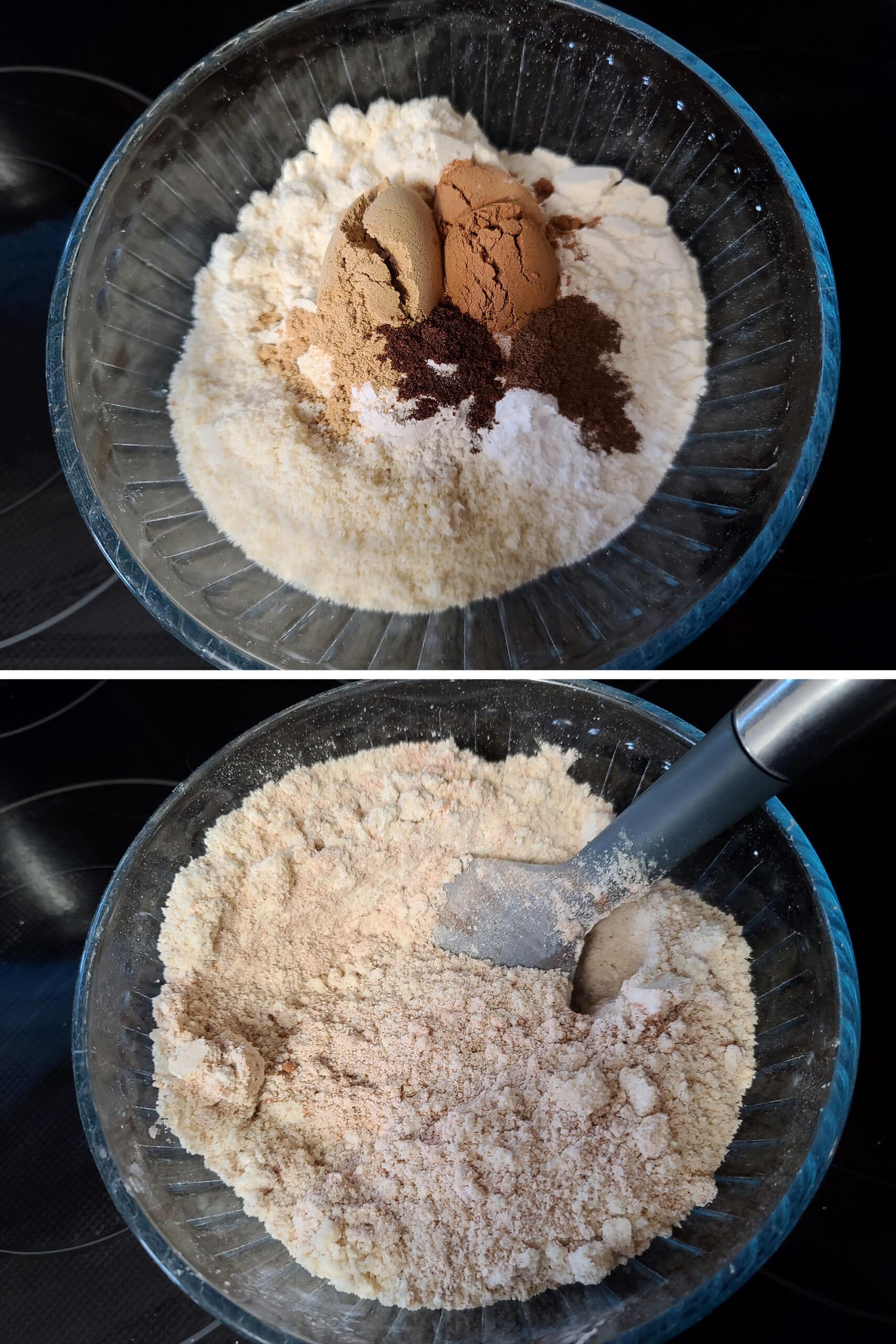 2 part image showing the dry ingredients being mixed together.