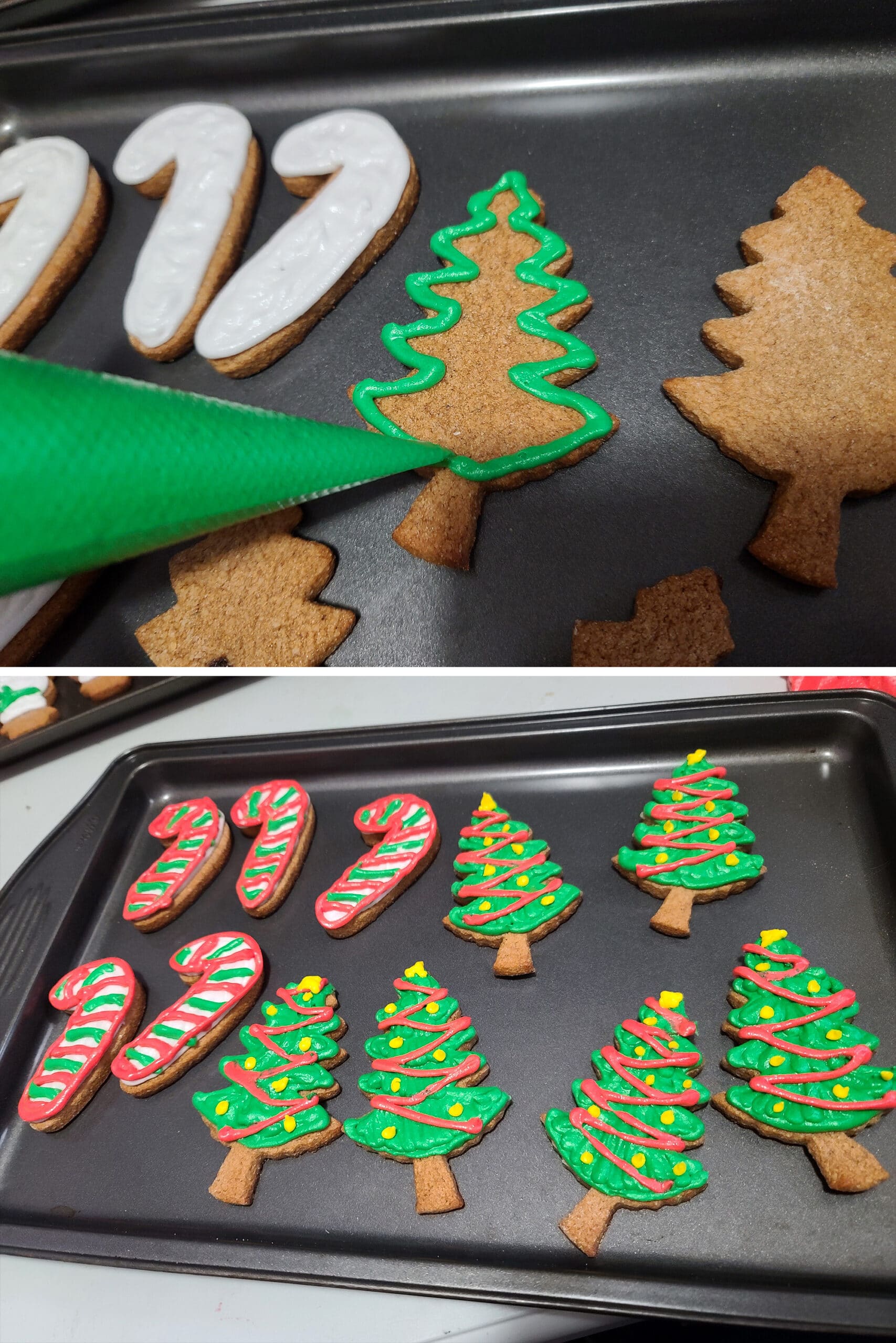 2 part image showing a bag of green sugar free royal icing being used to decorate the keto gingerbread cookies.