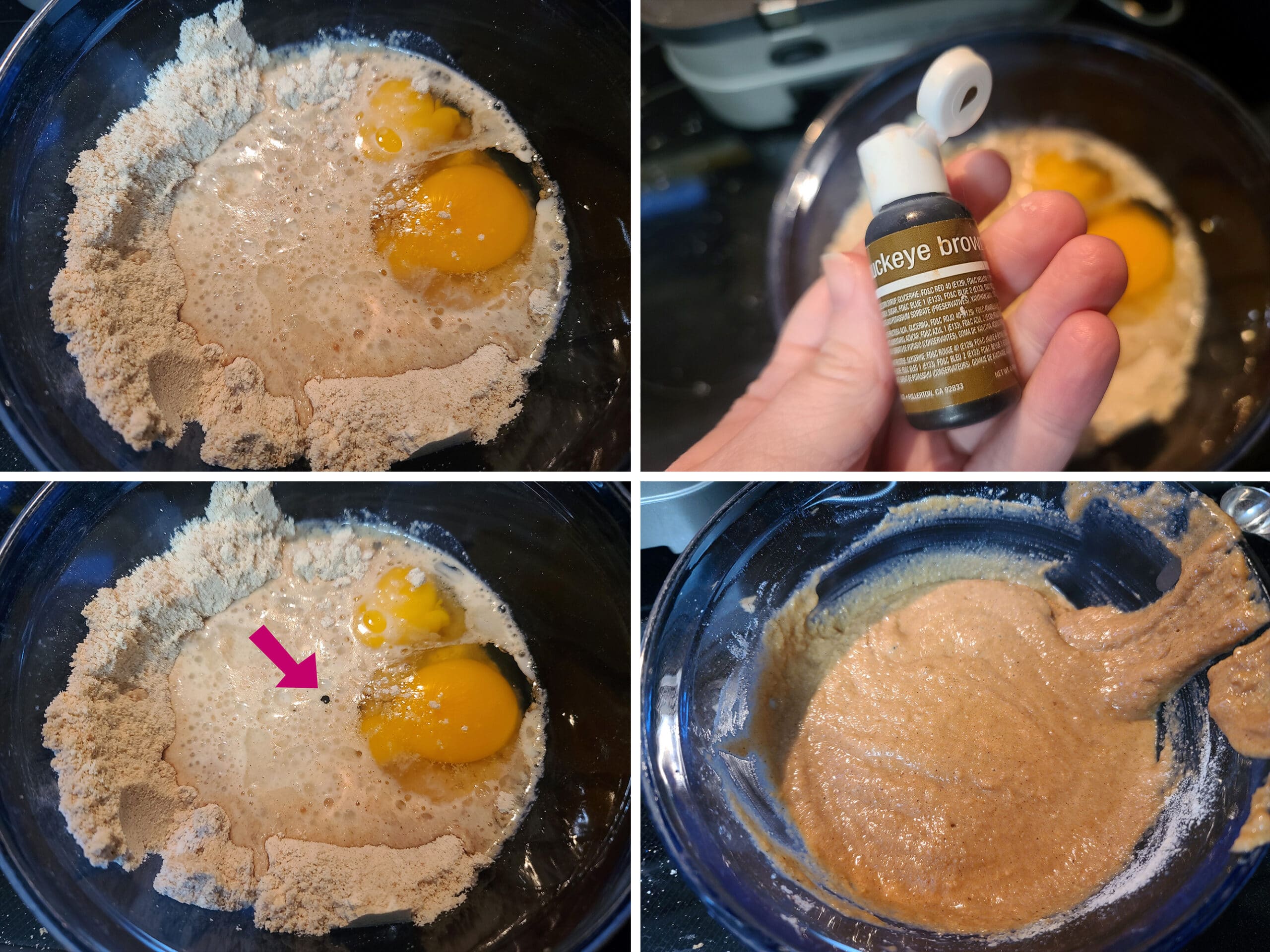 4 part  image showing the wet ingredients being added to the dry ingredients, along with a tiny drop of brown food colouring.