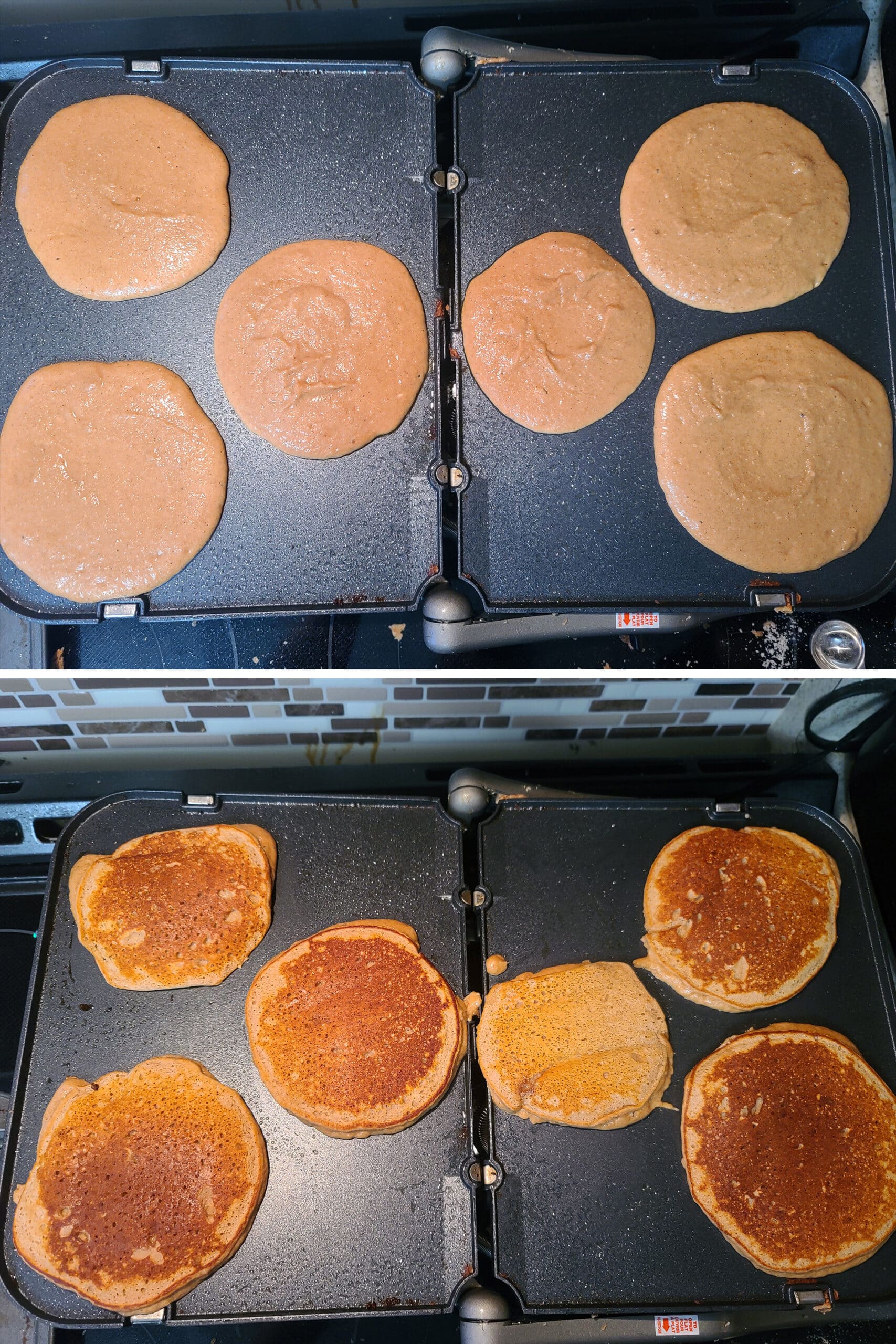2 part image showing keto gingerbread pancakes being cooked on a griddler.