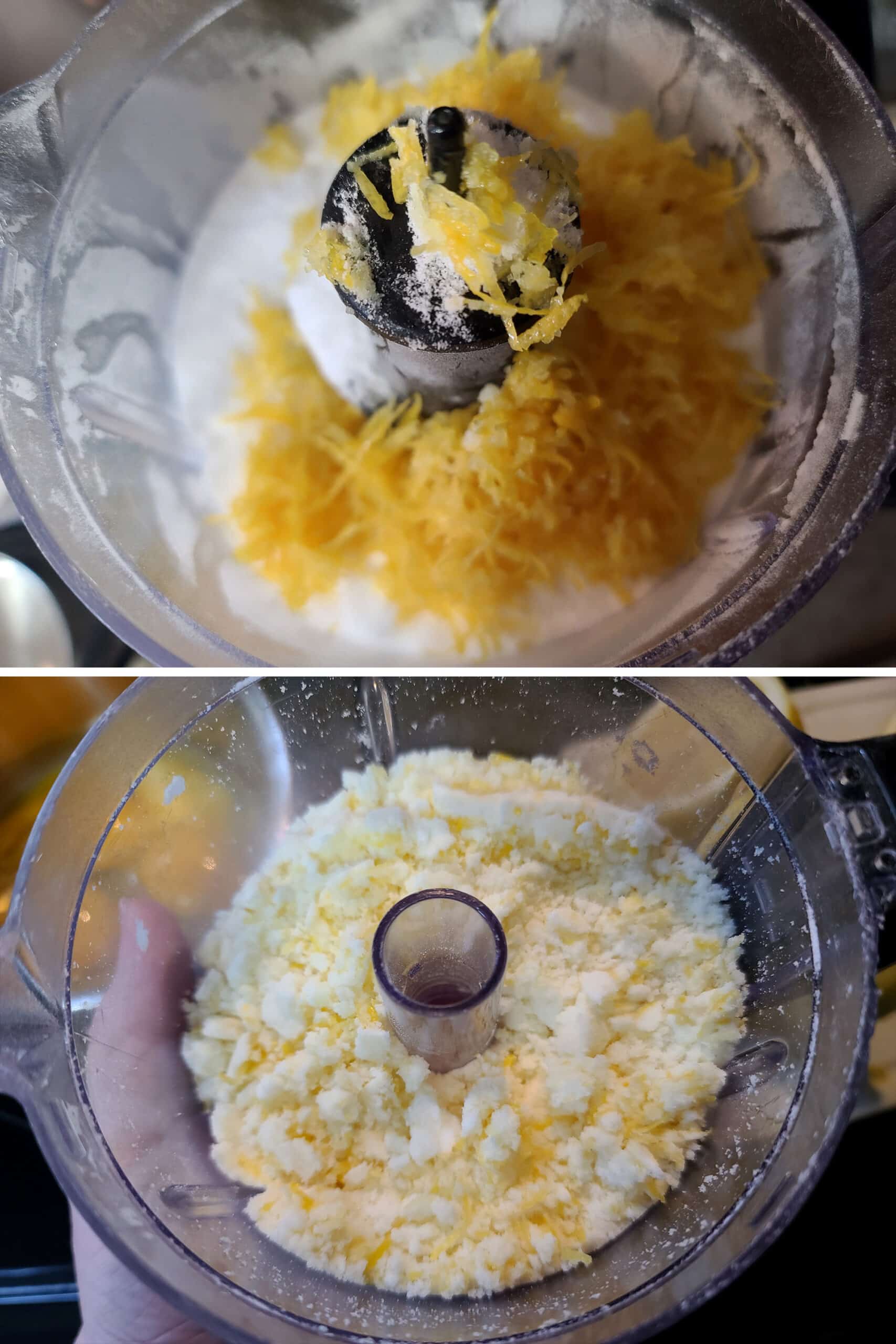 2 part image showing allulose and lemon zest being blended in a small food processor.