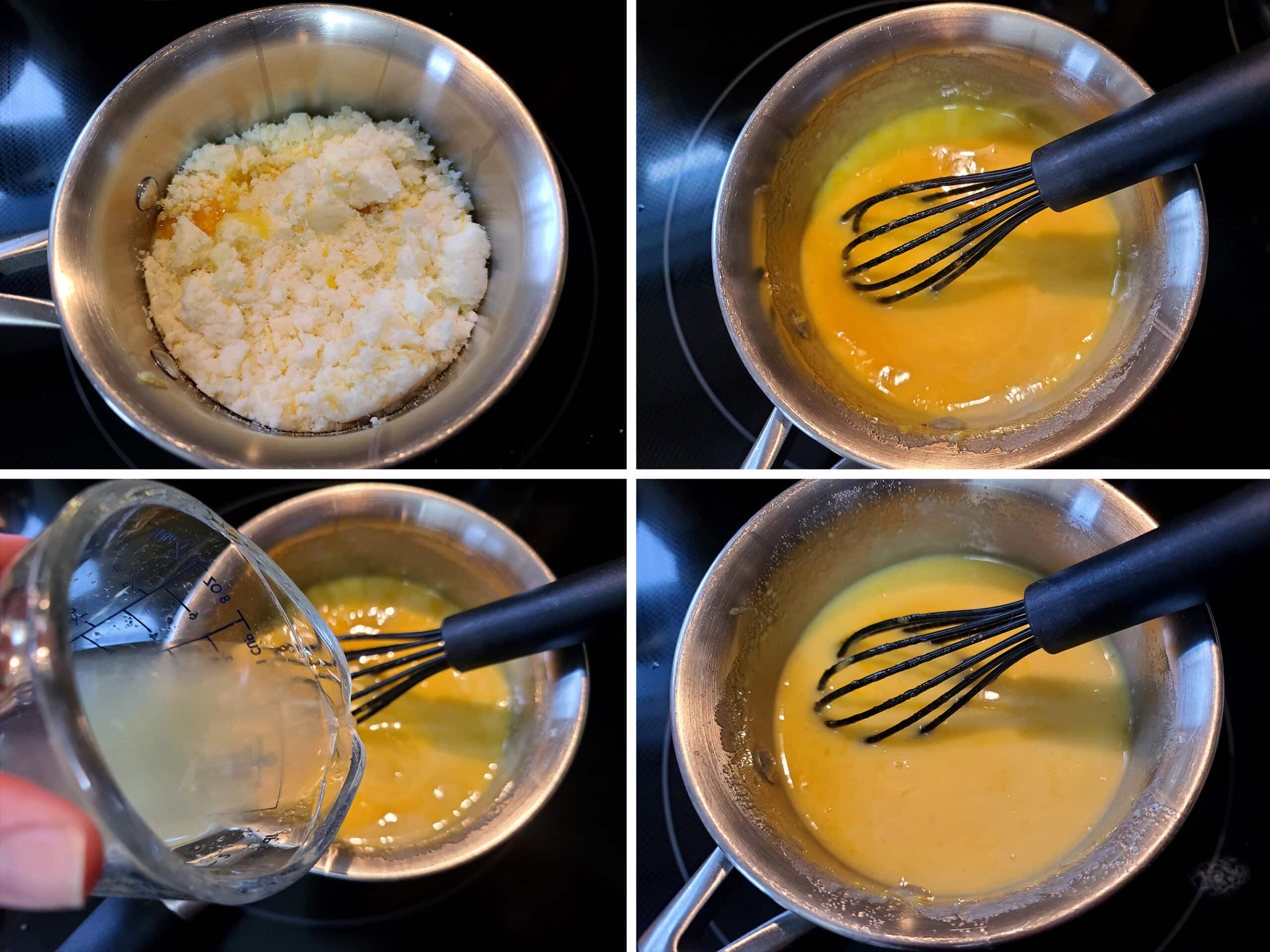 4 part image showing the lemon allulose mixture being mixed with egg yolks, then the lemon juice being whisked in.