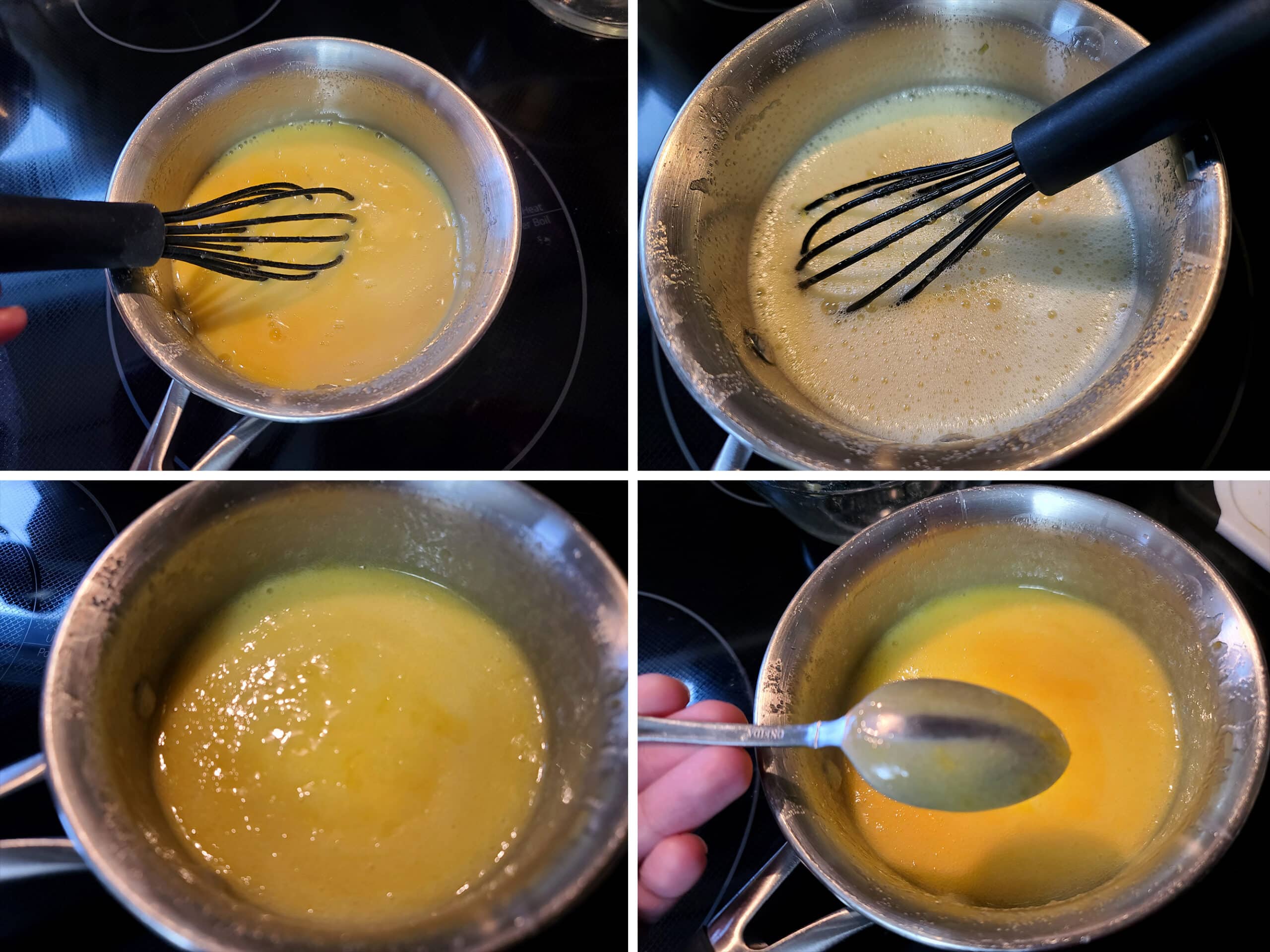 4 part image showing the sugar free lemon mixture being cooked until the bubbles disappear, the mixture is this, and a line remains on the back of a spoon when a finger is dragged through the mixture.