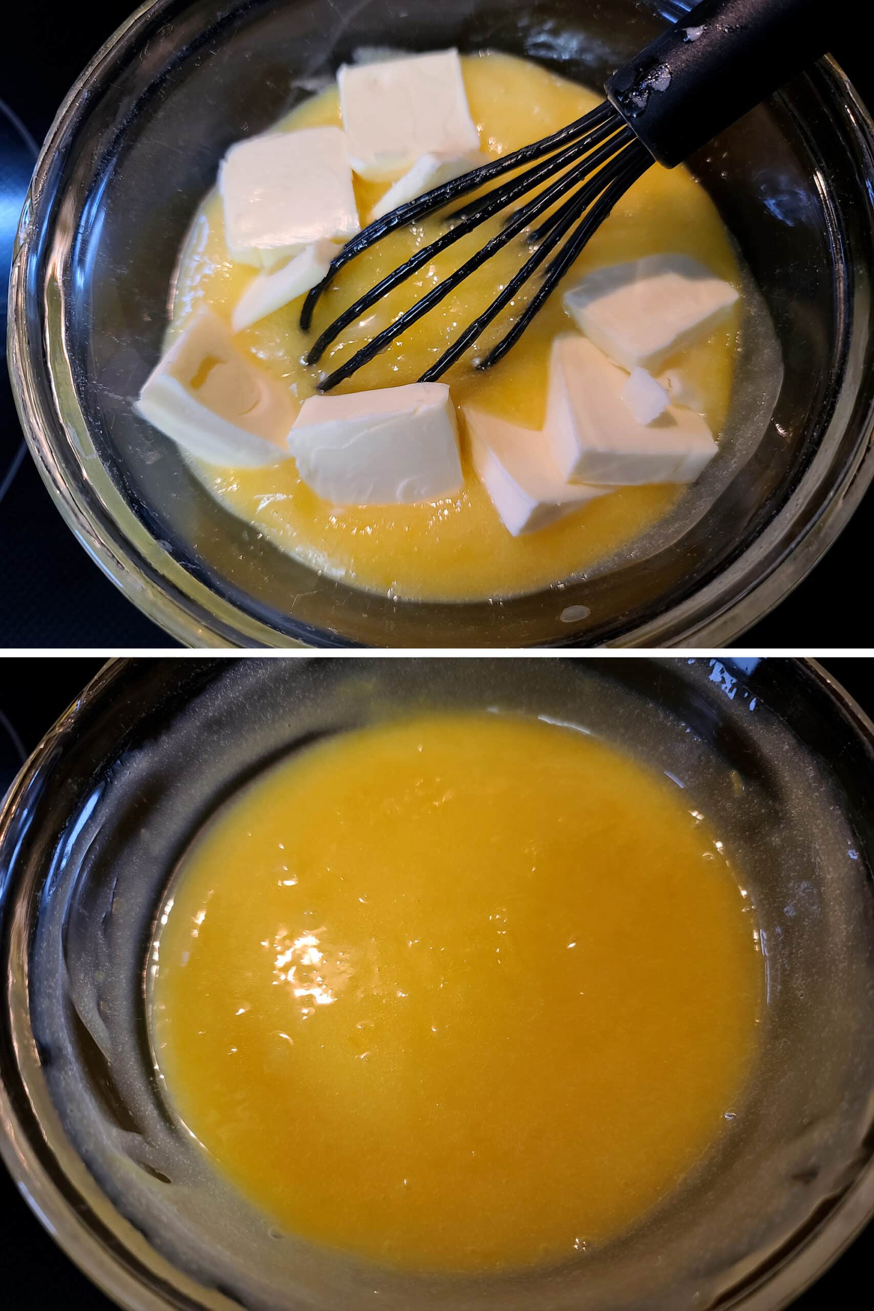 2 part image showing butter being whisked into the hot keto lemon curd mixture.