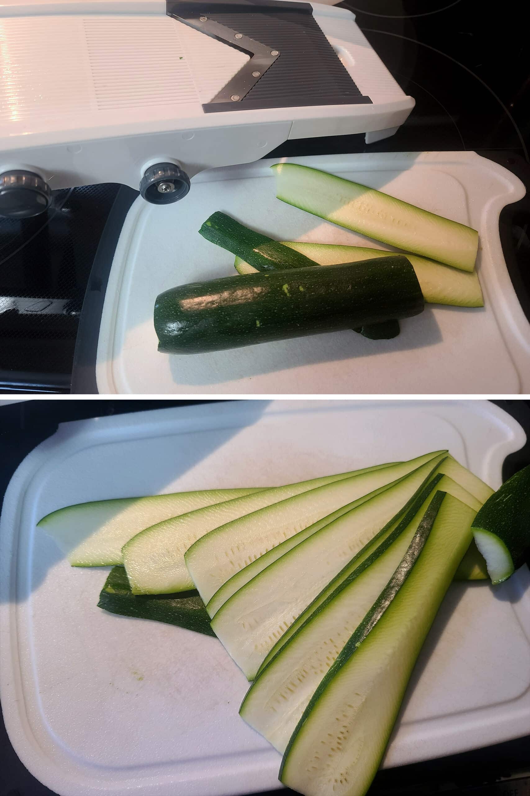 2 part image showing a mandoline being used to thinly slice zucchinis.