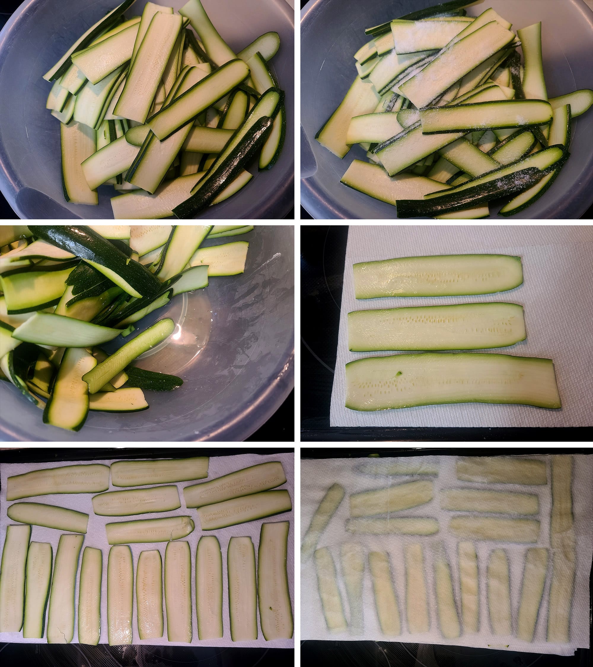 6 part image showing the zucchinis being sliced on a mandoline, tossed with salt, and blotted with paper towels.