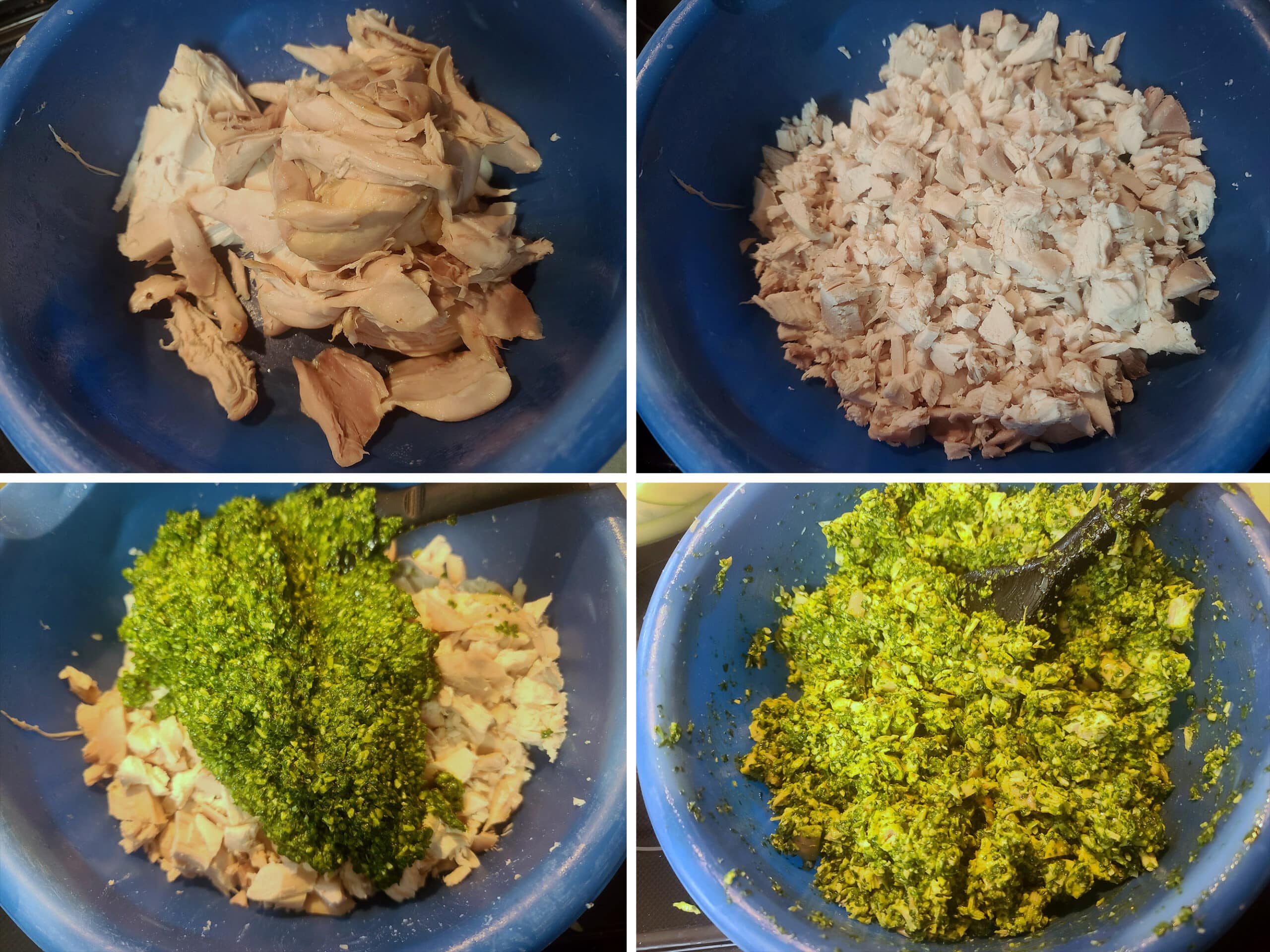 4 part image showing rotisserie chicken being chopped and mixed with spinach and basil pesto.