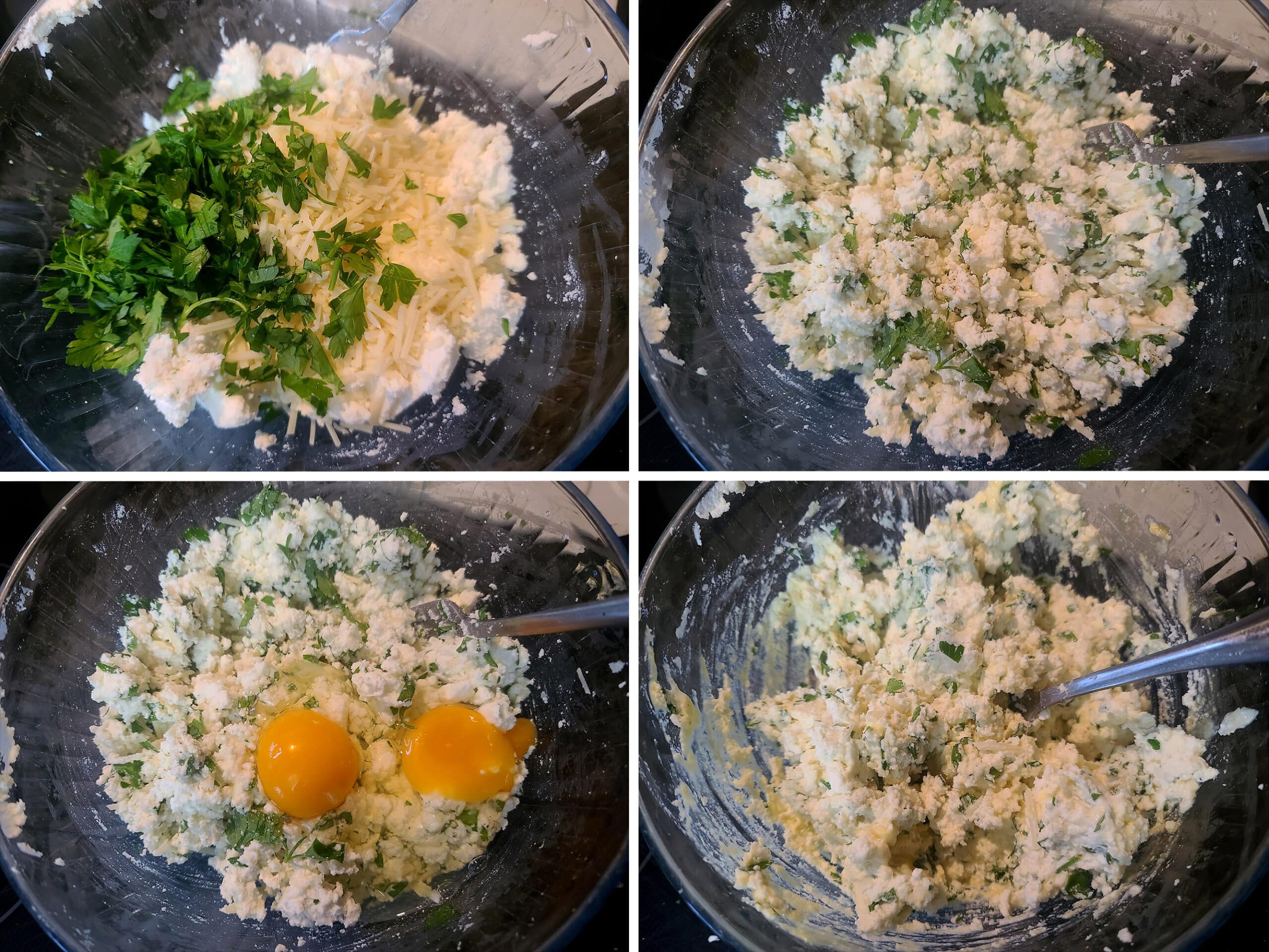 4 part image showing the ricotta filling being mixed together.