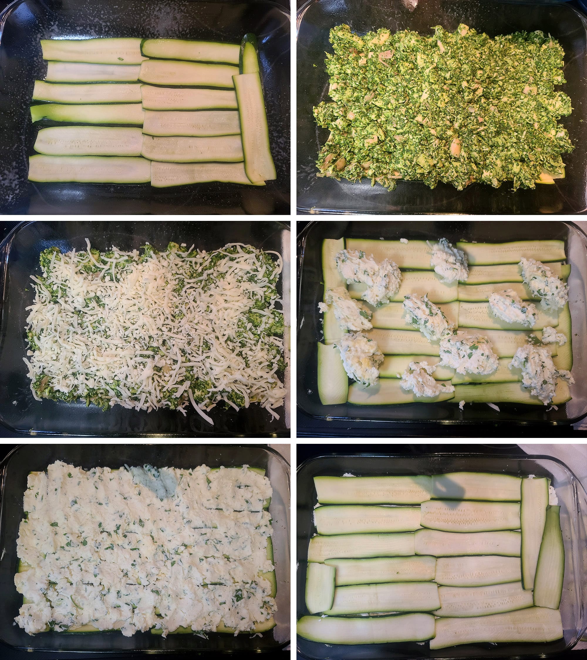 6 part image showing the first half of the keto lasagna layering being done.