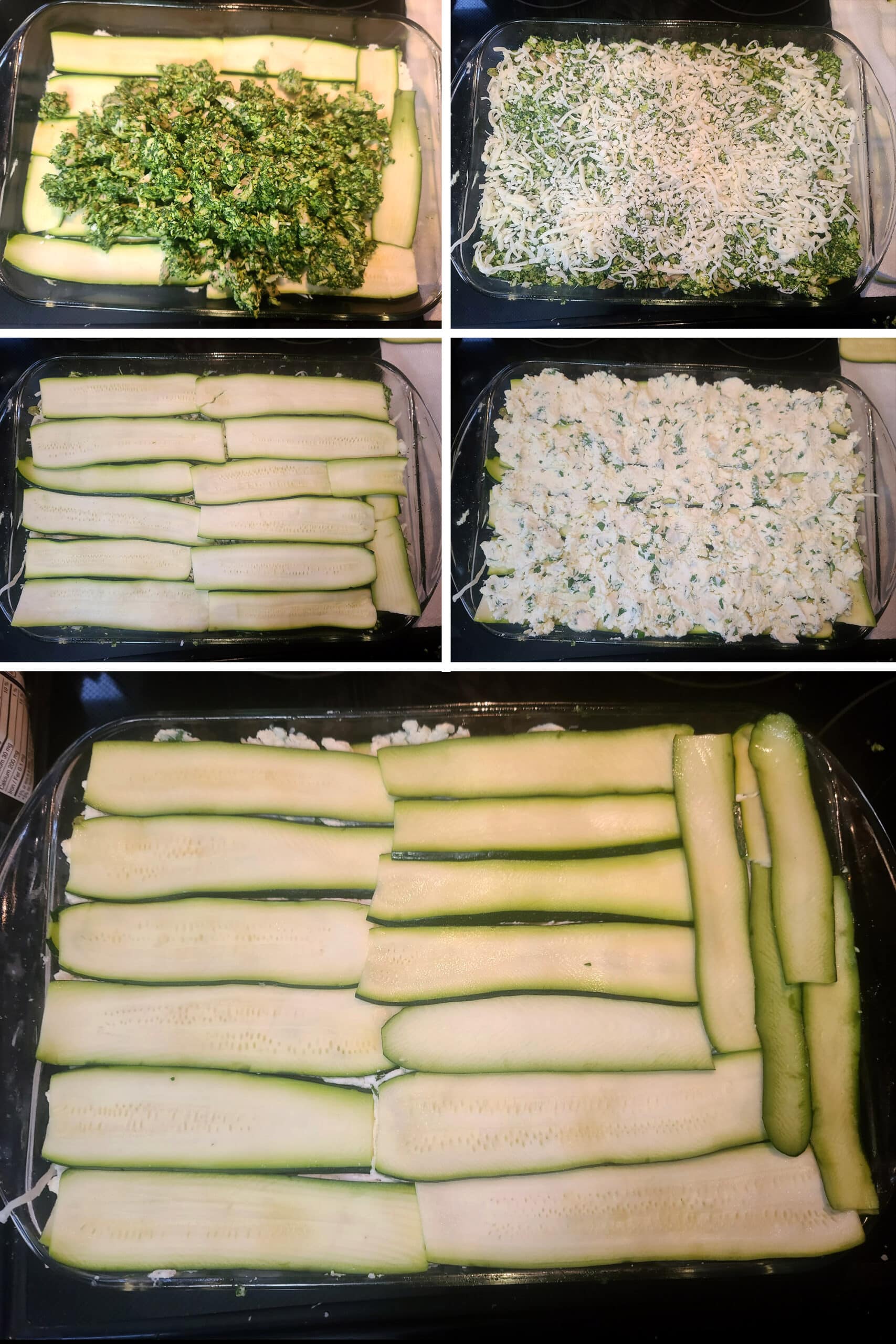 5 part image showing the second half of the lasagna layering being done.