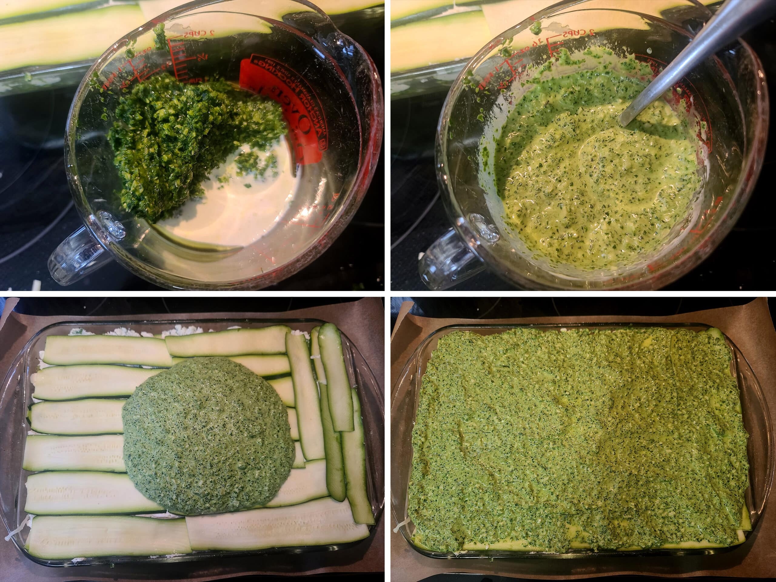 4 part image showing the reserved pesto being mixed with cream and spread over the zucchini lasagna.