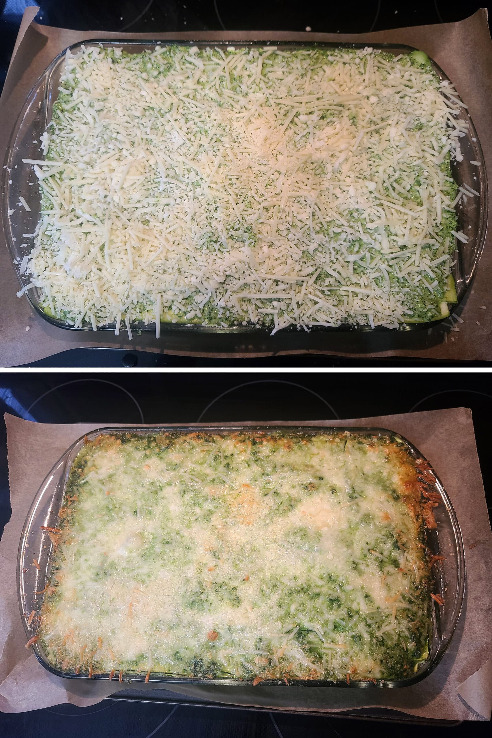 A pesto chicken keto zucchini lasagna, before and after baking.