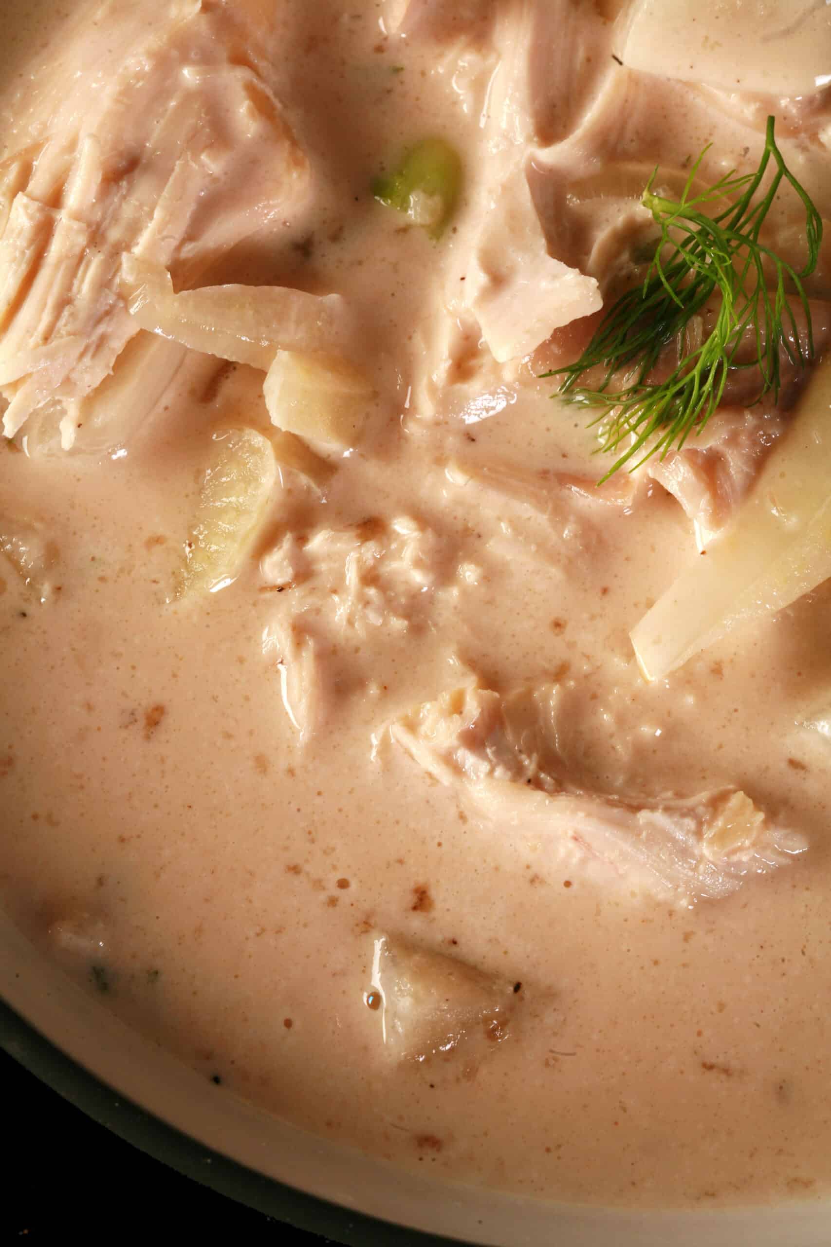 A bowl of low carb fennel chicken soup.