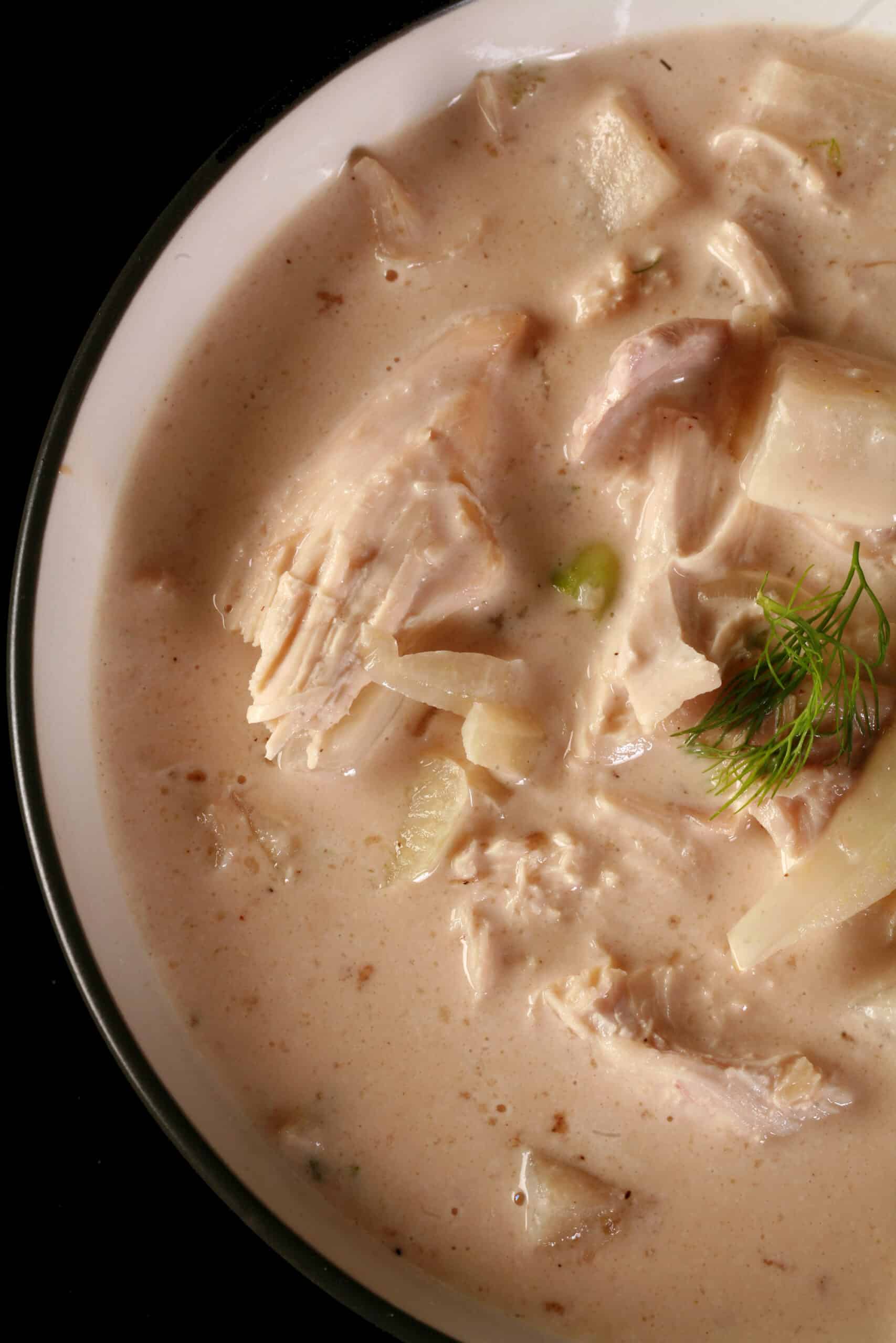 A bowl of low carb fennel chicken soup.