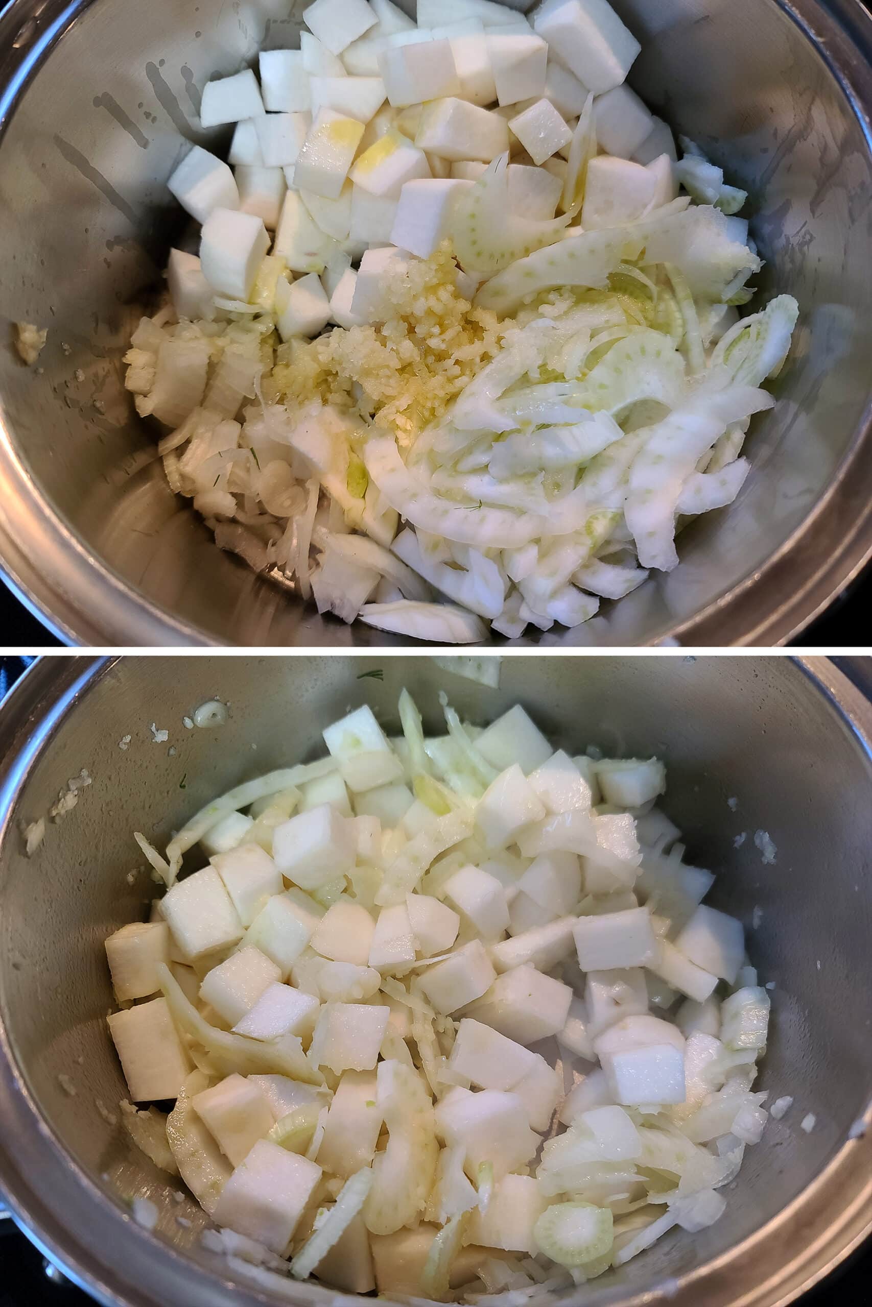 2 part image showing onions, turnips, fennel, and garlic cooking in a soup pot.