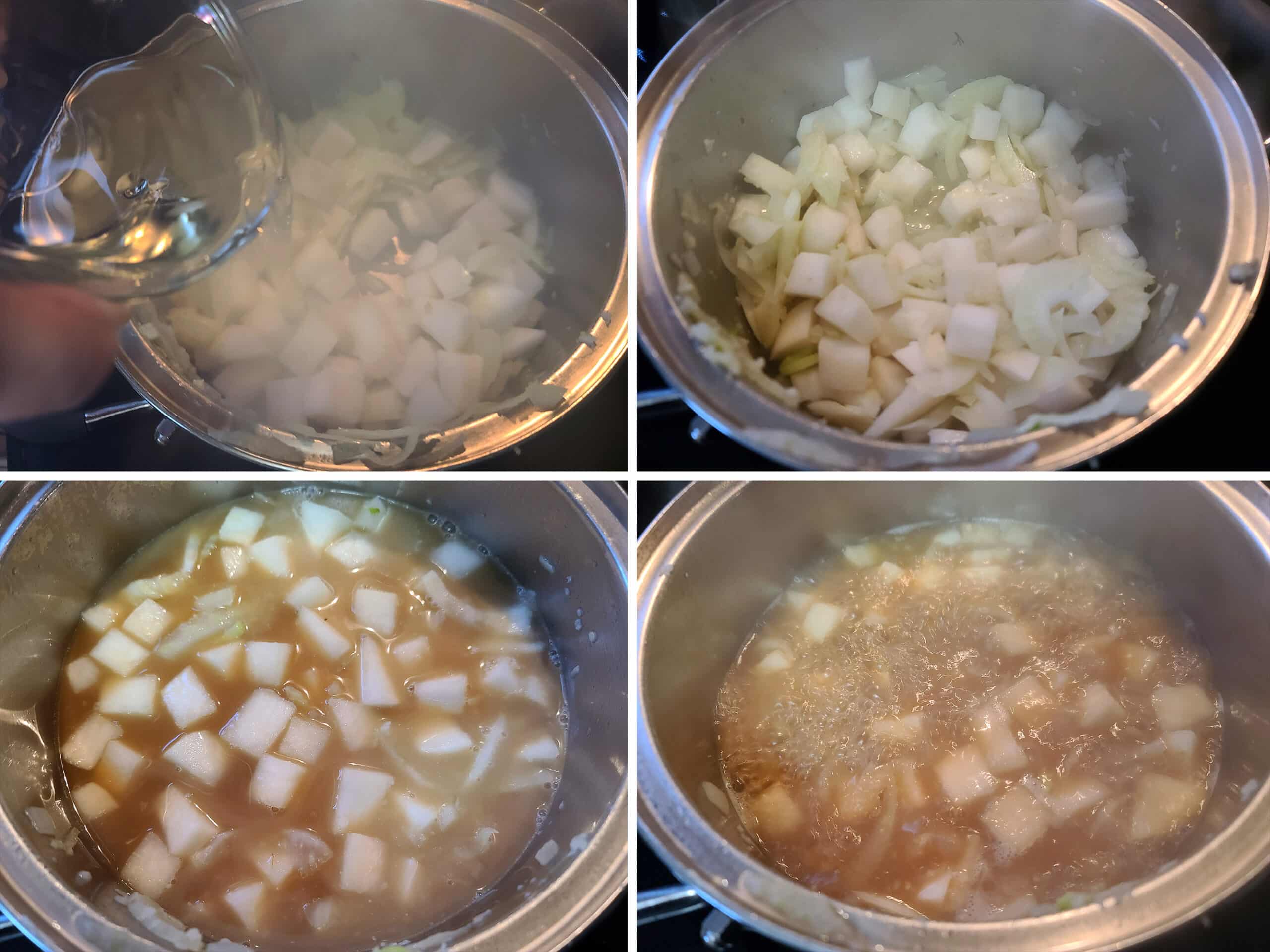 4 part image showing white wine being added to the soup pot, then the chicken stock.