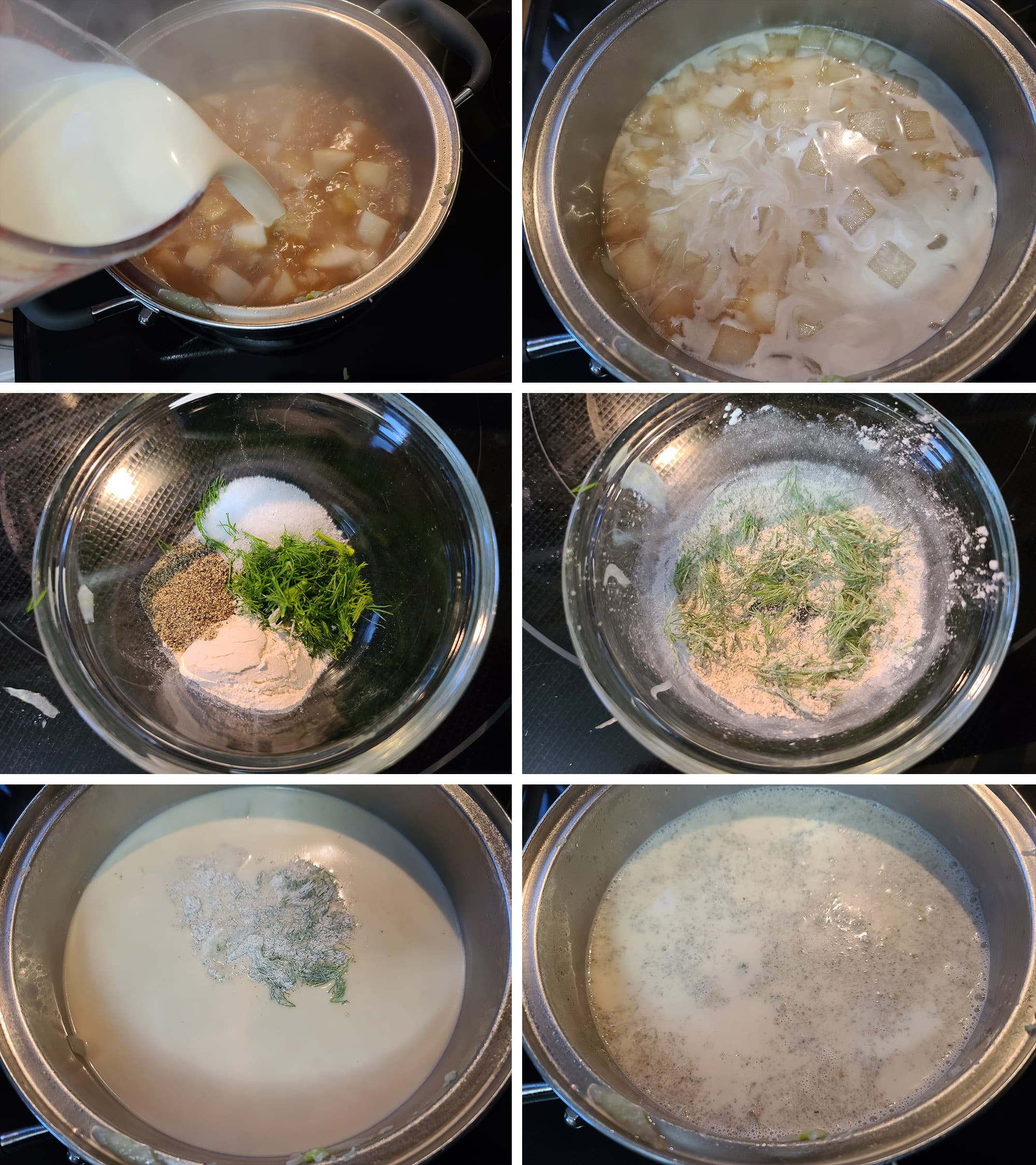 6 part image showing the heavy cream being added to the soup, then the xanthan gum being mixed with fennel fronds, salt, and pepper and stirred into the pot of creamy fennel chicken soup.