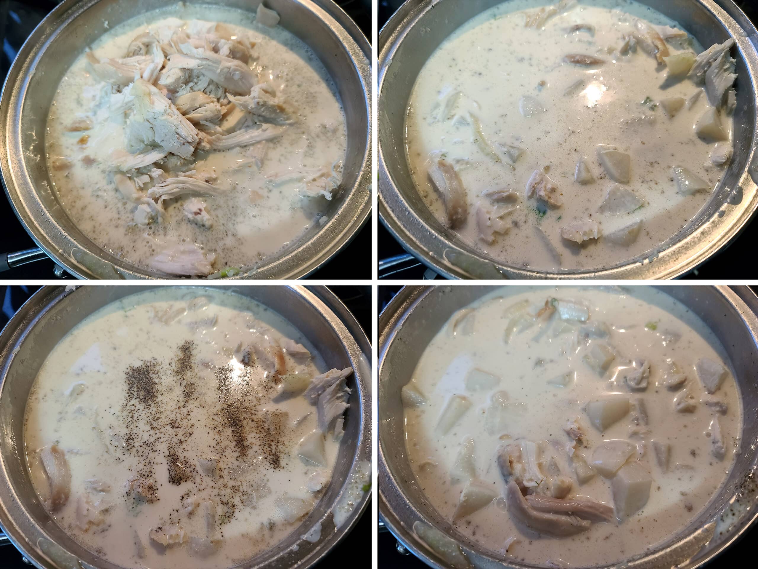 4 part image showing the chicken being added to the soup pot, then seasoned with additional salt and pepper.