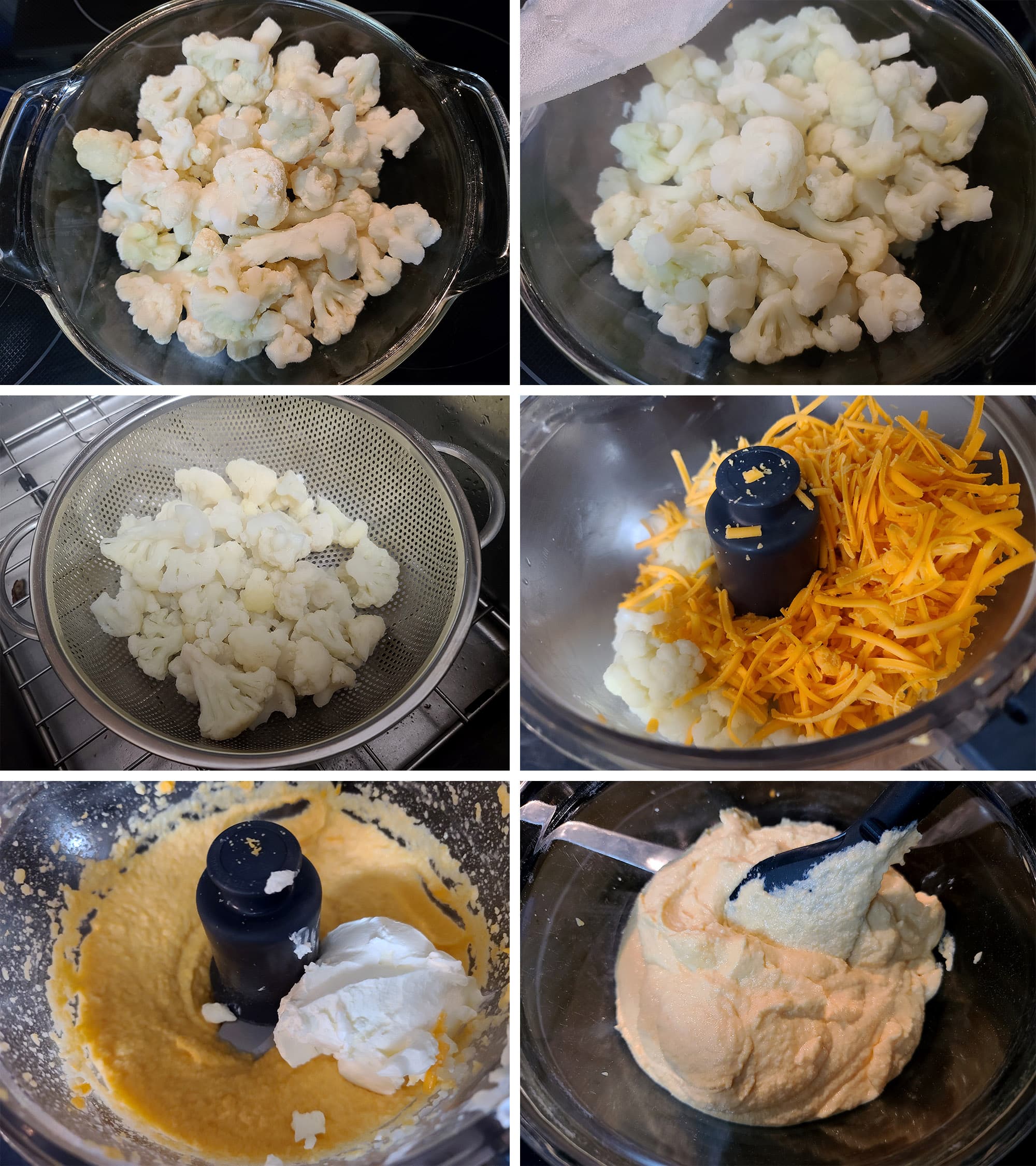 6 part image showing frozen cauliflower being cooked, drained, and pureed with cheese, sour cream, and mayonnaise.